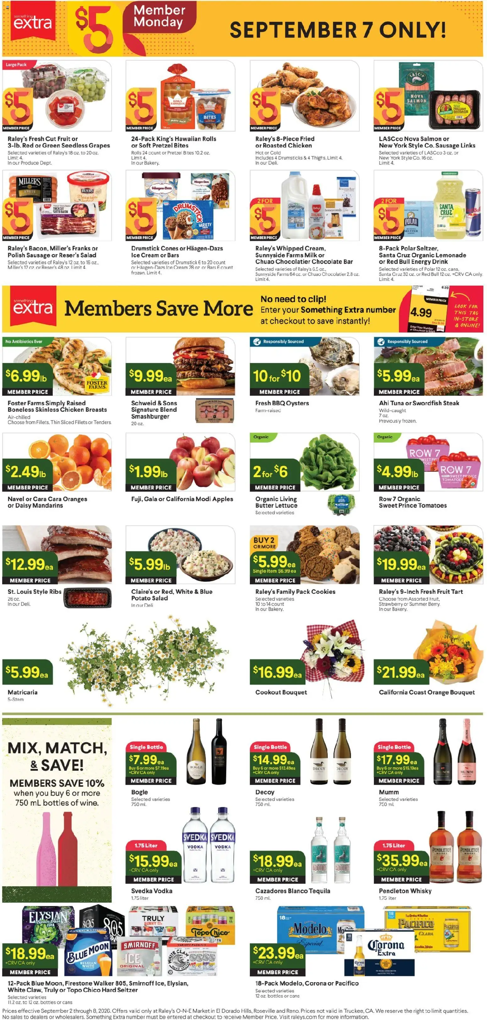 Raley's Ad - valid from 09/02/2026 | Page: 3 | Products: Chocolate bar, Vodka, Sausage, Red Bull