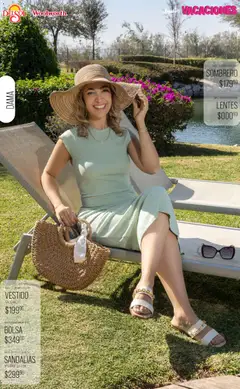 Vista previa de Del Sol y Woolworth catálogo Moda Vacaciones, nuevo folleto de la tienda, válido en México a partir del 19.03.2026 | Página: 6 | Productos: Sombrero, Bolsa, Vestido, Sandalias