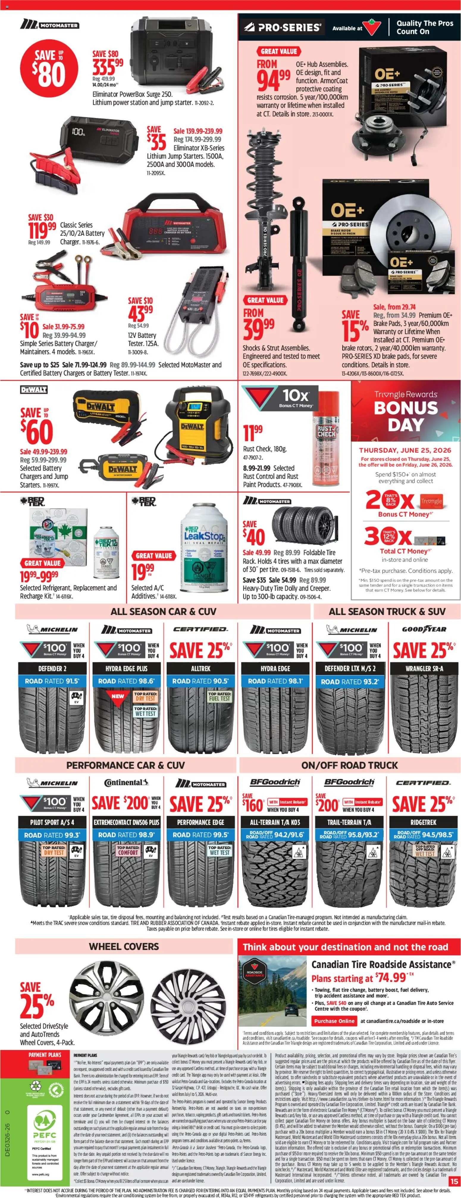 Canadian Tire flyer valid from Jun 25, 2026 | Page: 15 | Products: Battery, Oil, Pizza