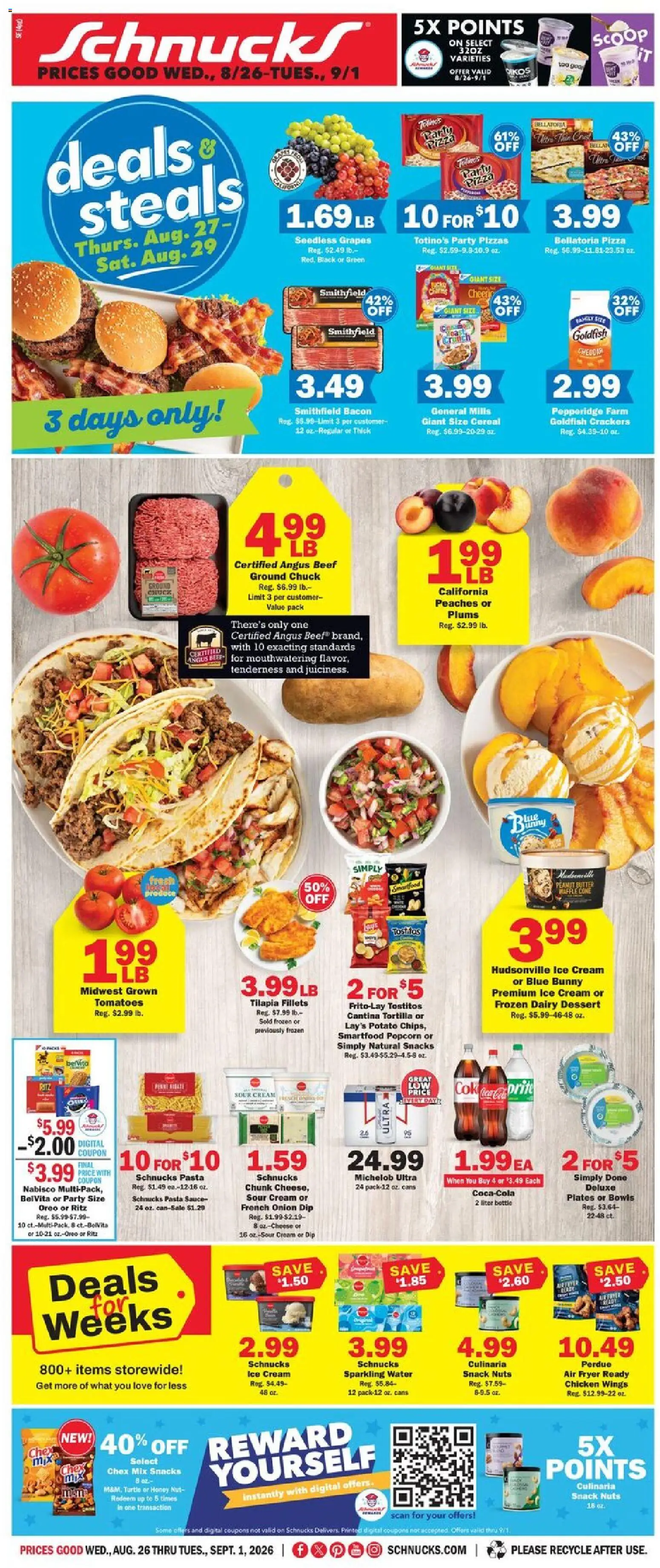 Schnucks Weekly Ad - valid from 08/26/2026 | Page: 1 | Products: Tomatoes, Bacon, Ice, Seedless grapes