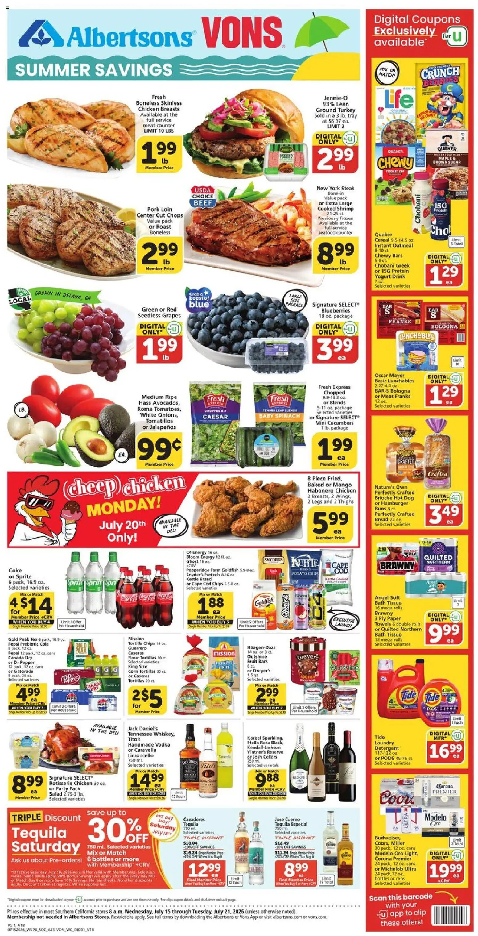 Vons Weekly Ad - valid from 07/15/2026 | Page: 1 | Products: Corn, Spinach, Bath, Tea