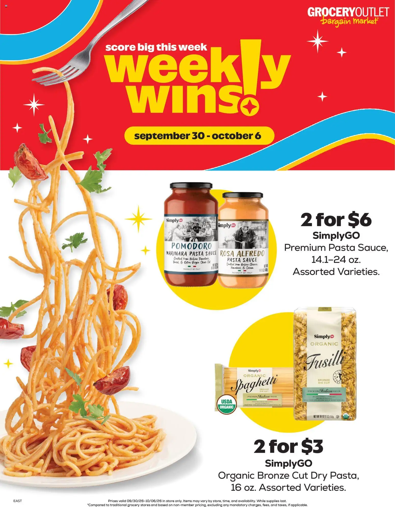 Grocery Outlet Weekly Ad - valid from 09/30/2026 | Page: 1 | Products: Olive oil, Pasta, Cream, Extra virgin olive oil