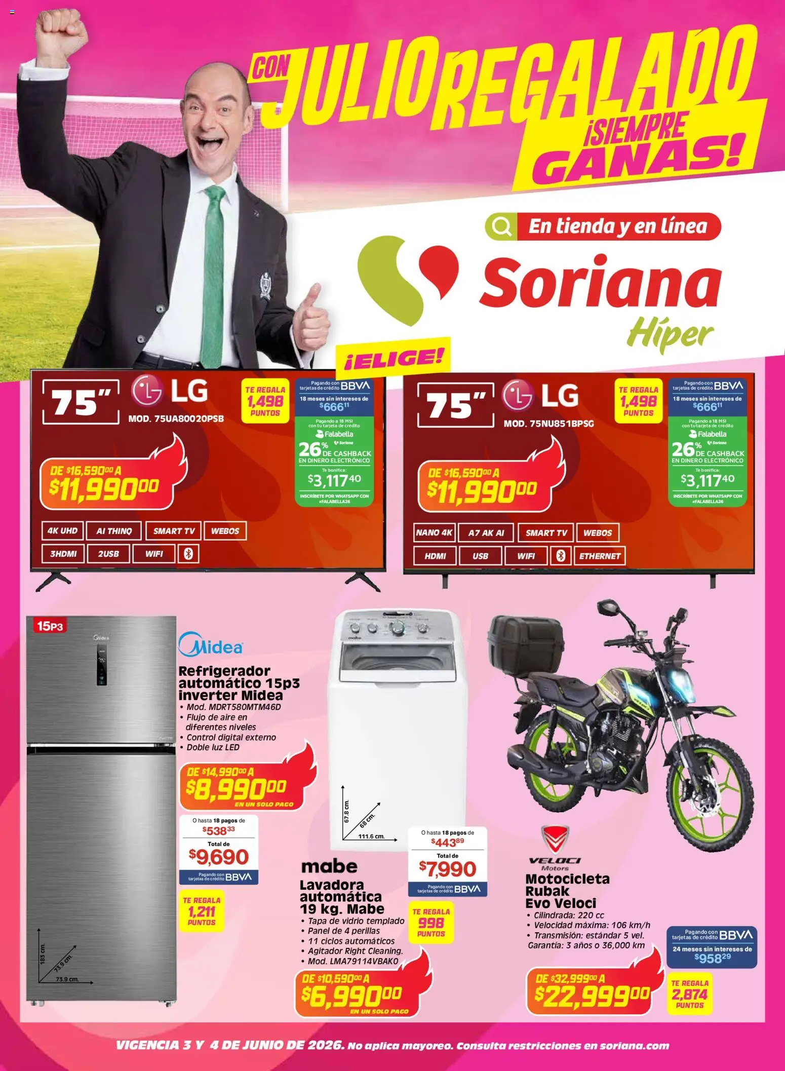 Nuevas ofertas de Soriana válidas en toda la República Mexicana desde el 03.06.2026. ¡Encuentra las mejores ofertas en Soriana Con Julio Regalado siempre ganas Híper Nacional! | Página: 1 | Productos: Refrigerador, Lavadora, Té