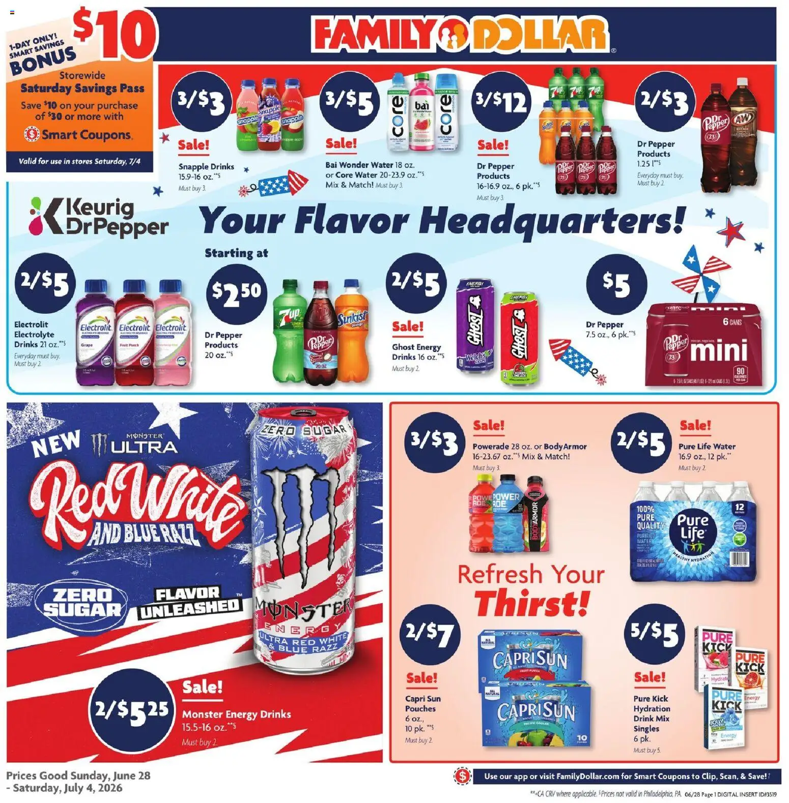 Family Dollar Weekly Ad - valid from 06/28/2026 | Page: 1 | Products: Water, Sugar, Pepper