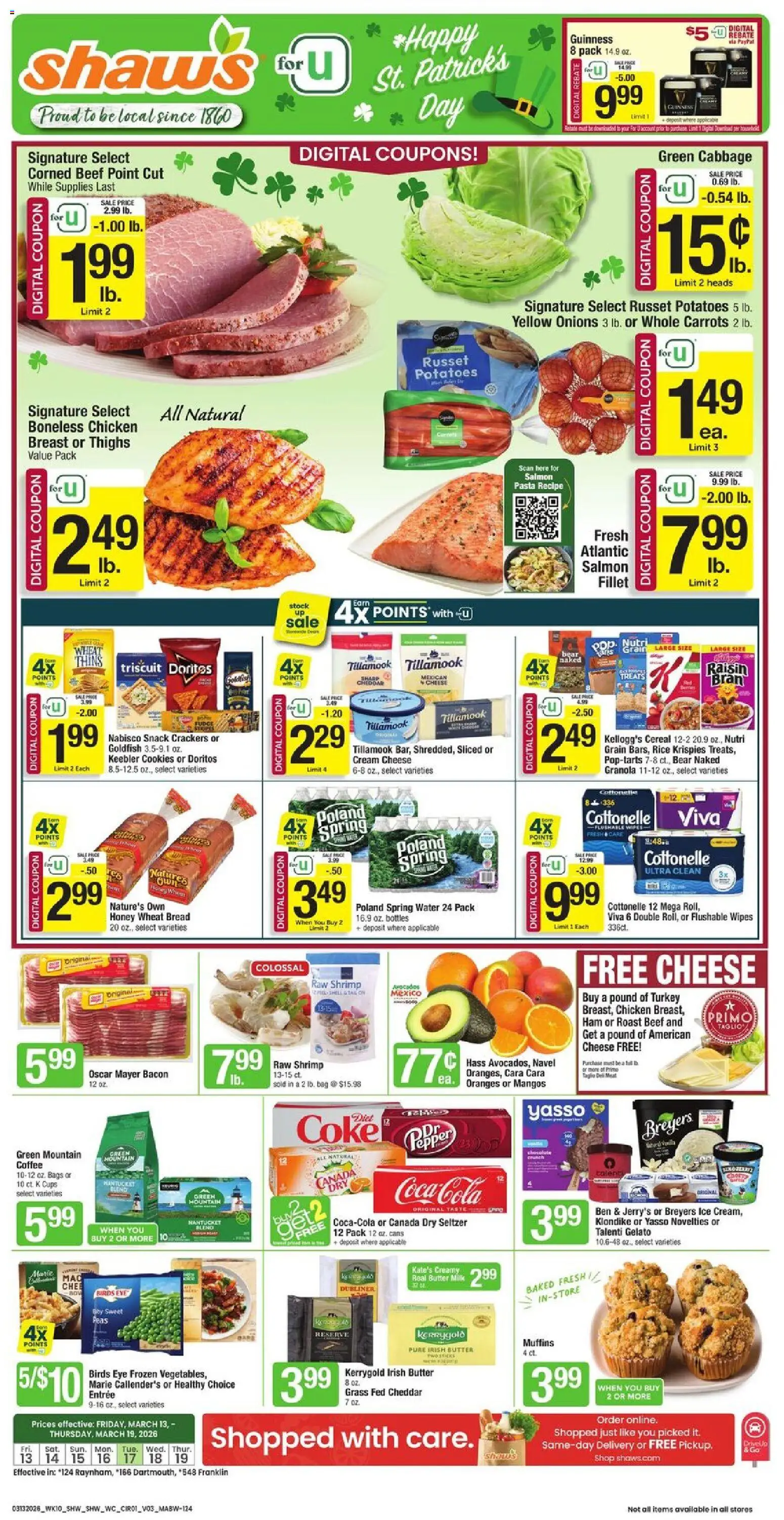 Shaw's Weekly Ad - MA - valid from 13.03.2026 | Page: 1 | Products: Cheese, Bread, Cookies, Cabbage