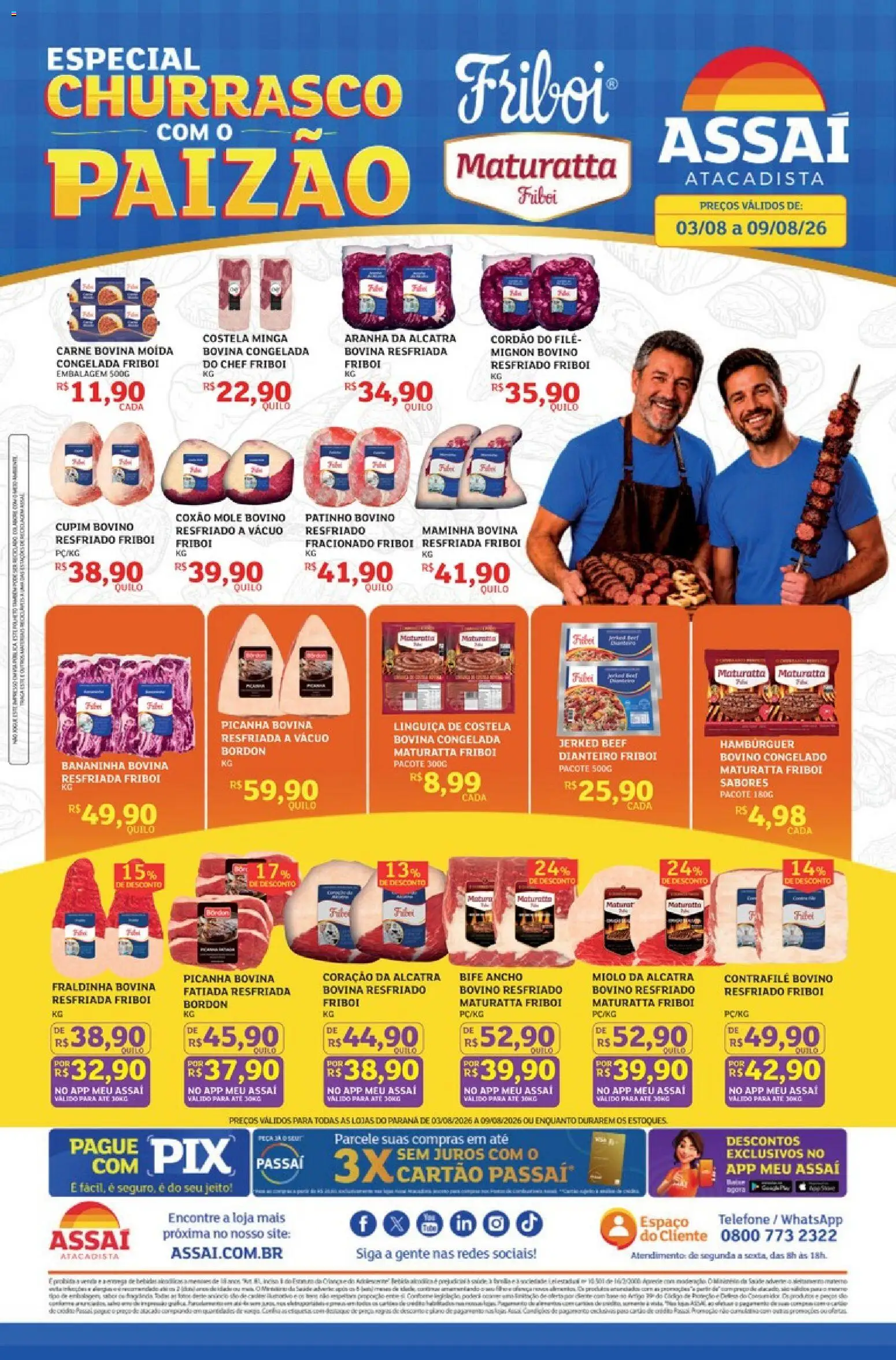 Assaí Atacadista Folheto - válido de 03/08/2026 | Página: 1 | Produtos: Carne, Aranha da alcatra, Hambúrguer, Telefone