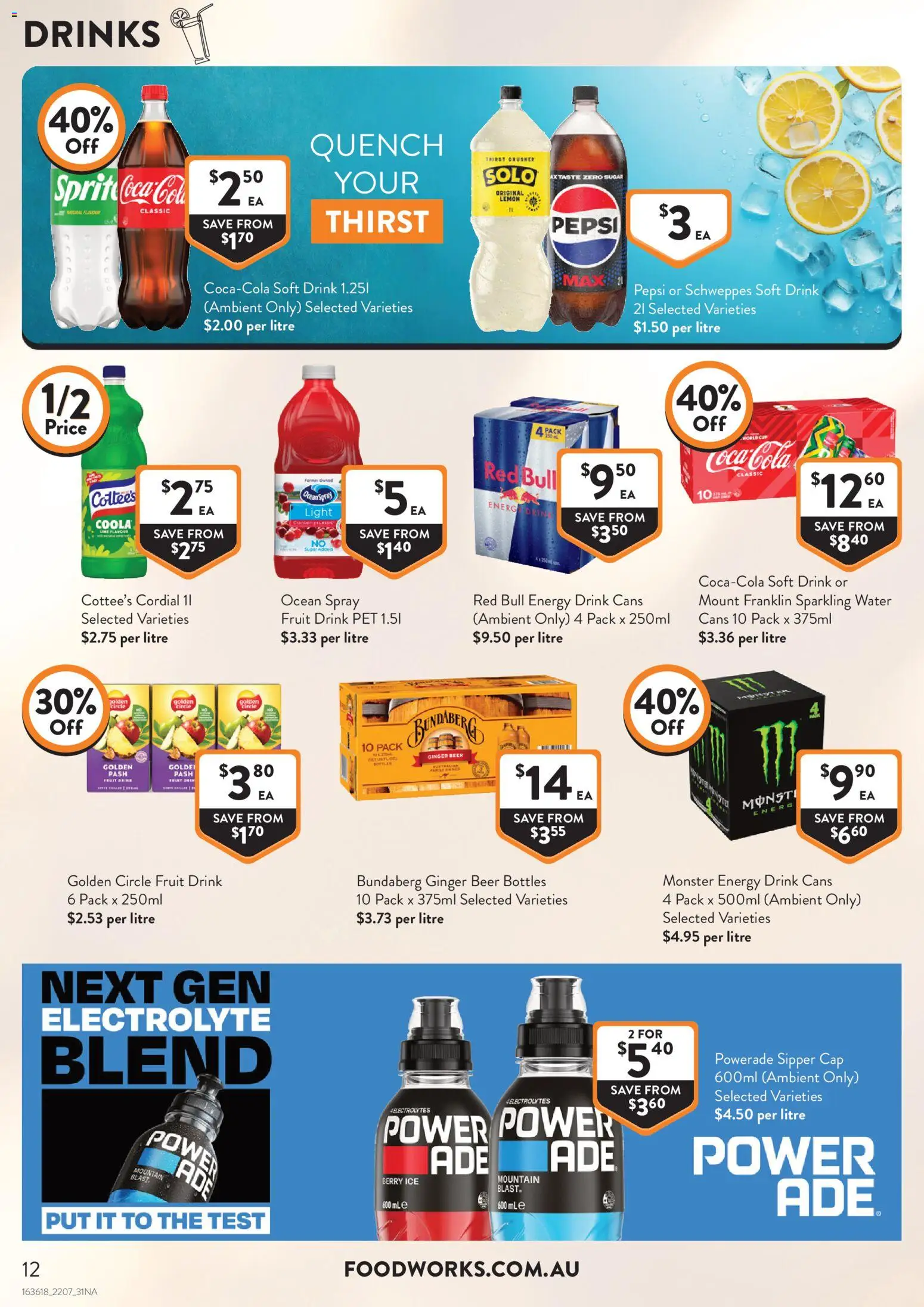 Foodworks catalogue - valid from 22/07/2026 | Page: 12 | Products: Energy drink, Ginger, Beer, Water