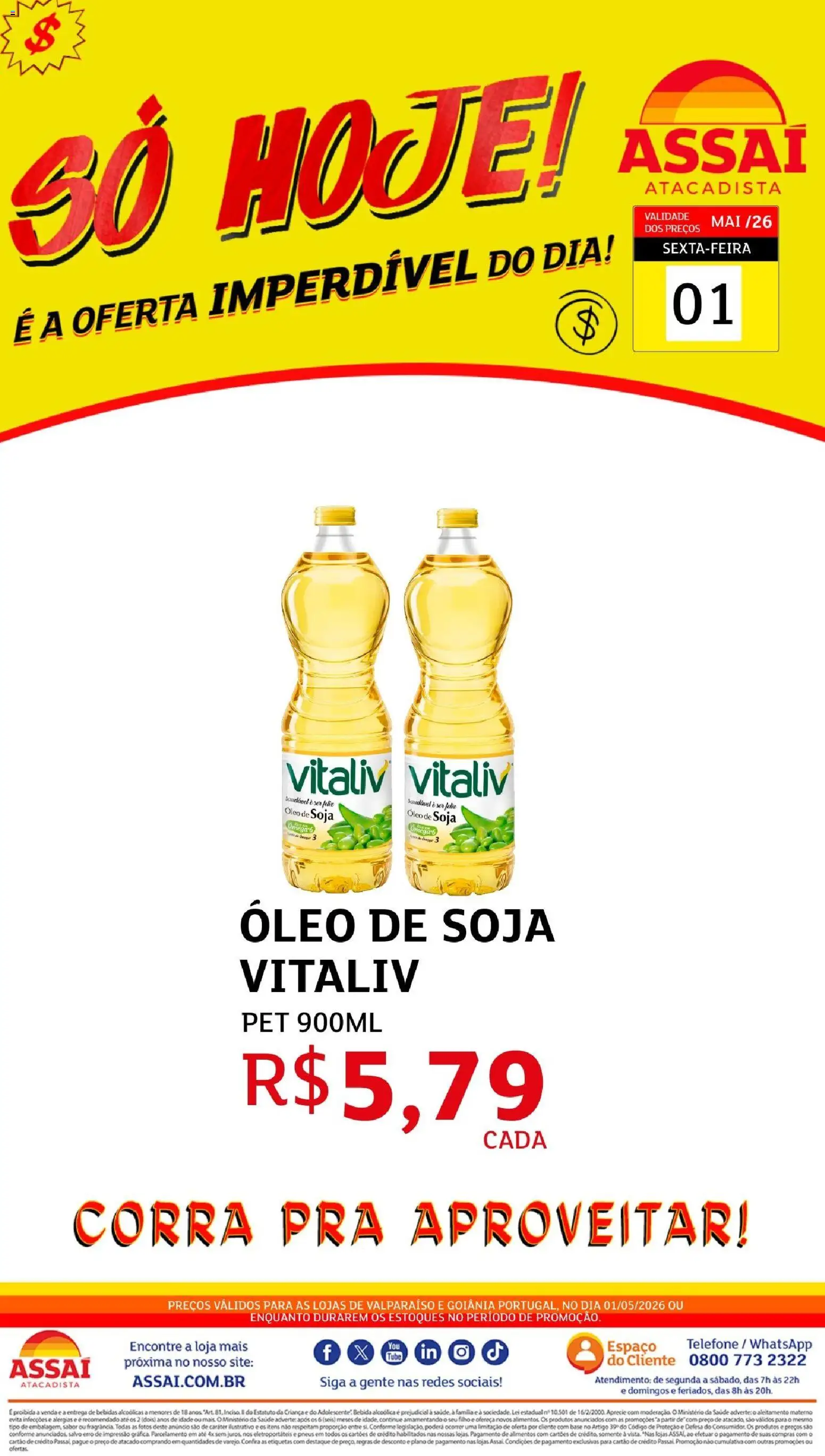 Assaí Atacadista Folheto - válido de 01.05.2026 | Página: 1 | Produtos: Óleo, Bebida, Telefone, Soja