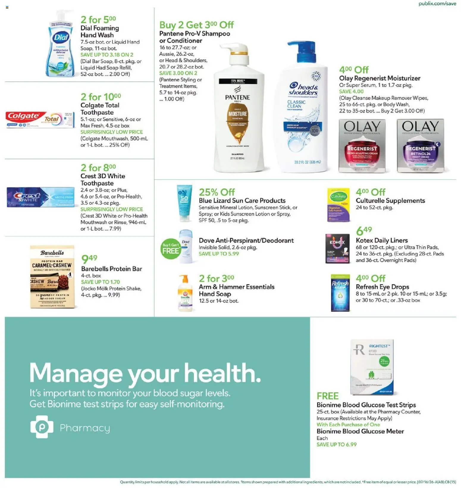 Publix Weekly Ad - valid from 07/15/2026 | Page: 15 | Products: Glucose, Shampoo, Protein bar, Monitor