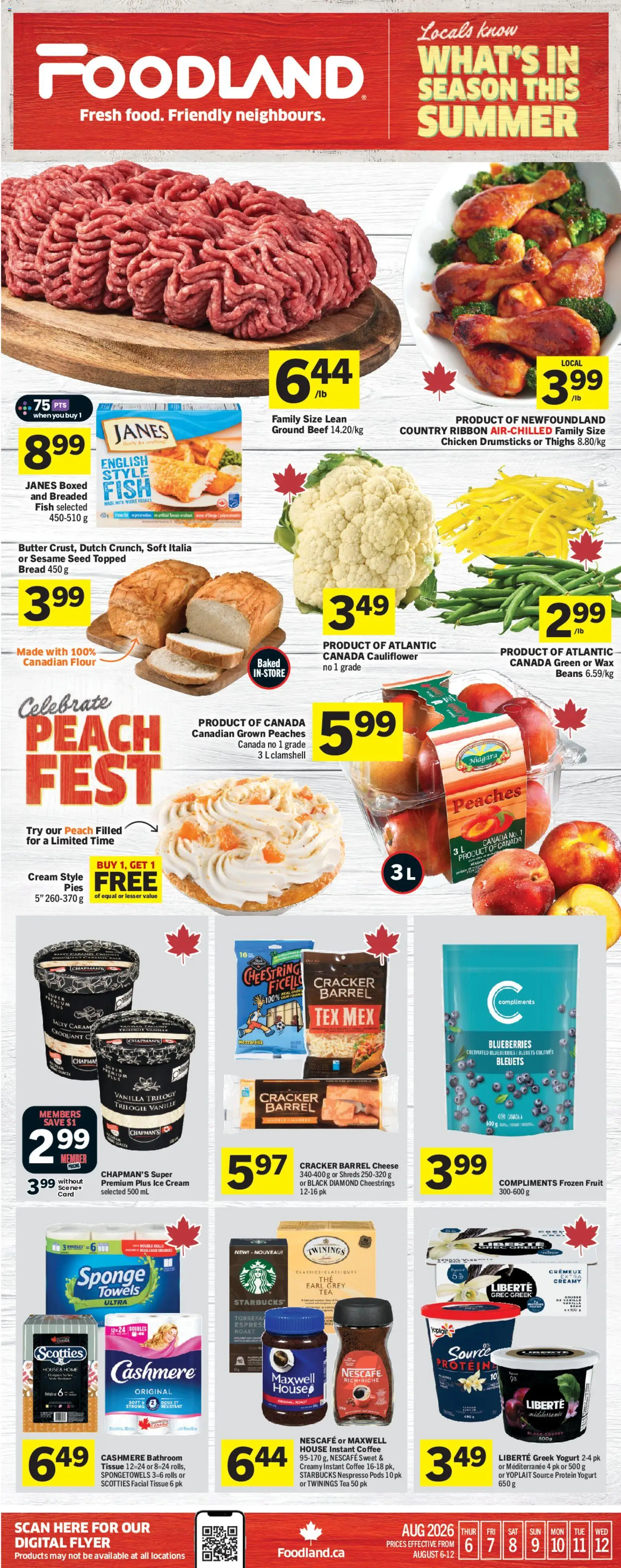 Foodland flyer valid from Aug 6, 2026 | Page: 1 | Products: Cream, Greek yogurt, Butter, Coffee