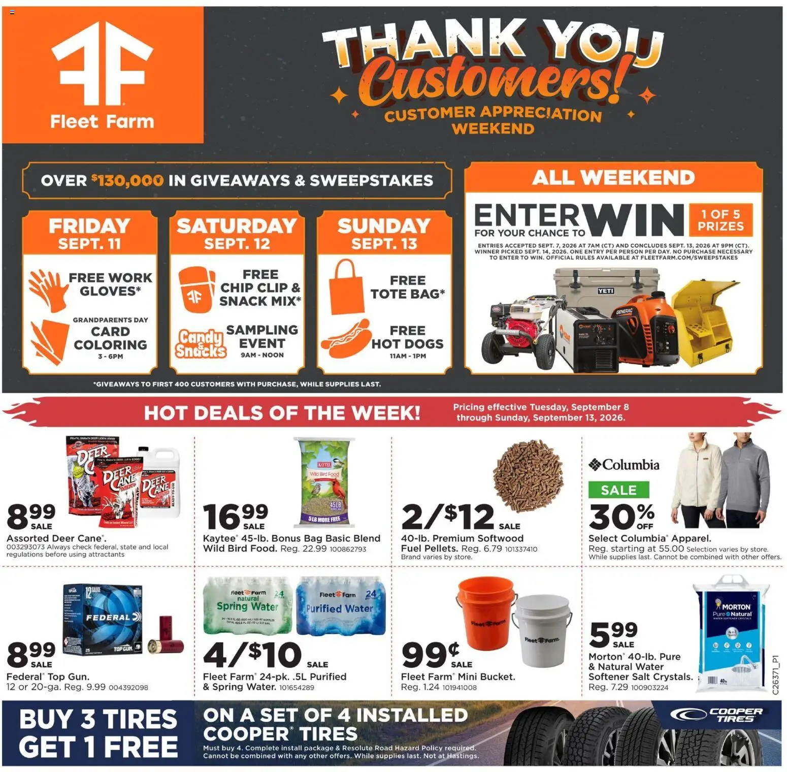 Mills Fleet Farm Weekly Ad - valid from 09/08/2026 | Page: 1 | Products: Clip, Spring water, Water, Snacks