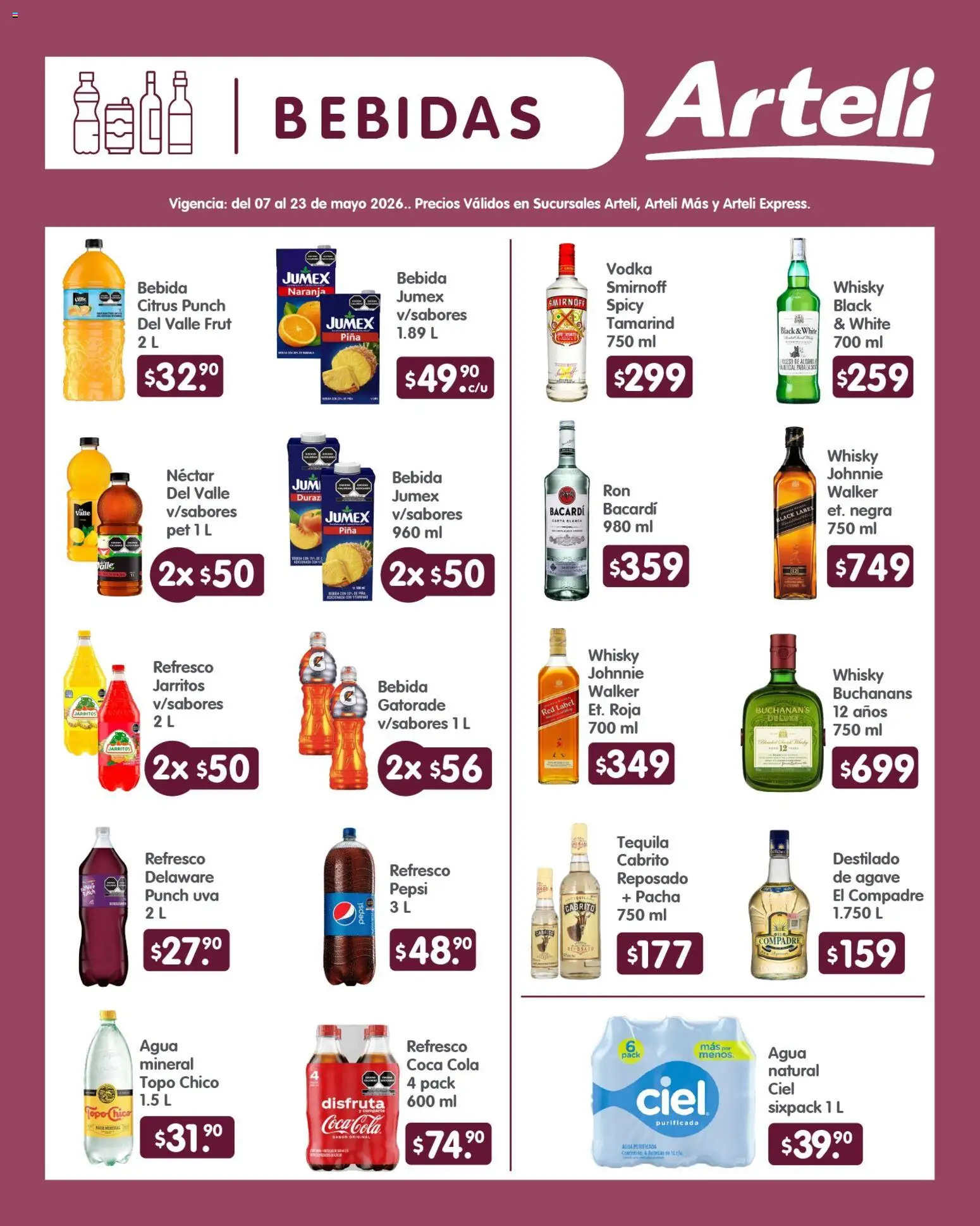Nuevas ofertas de Arteli válidas en toda la República Mexicana desde el 07.05.2026. ¡Encuentra las mejores ofertas en Arteli folleto Quincenal! | Página: 6 | Productos: Agua, Uva, Piña, Whisky