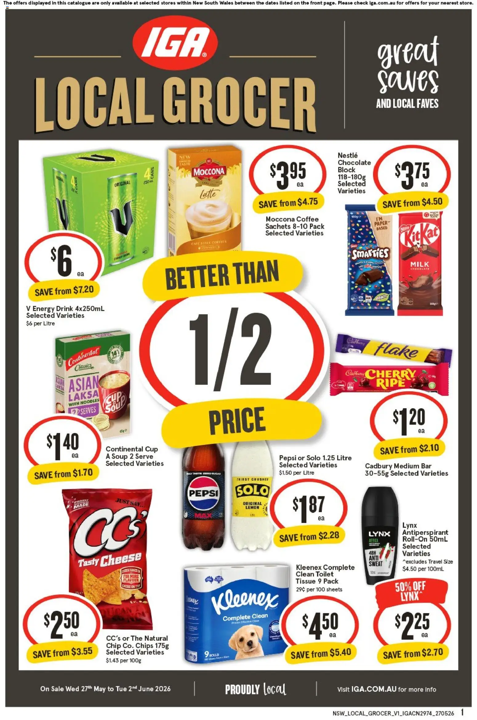 IGA catalogue - valid from 27.05.2026 | Page: 1 | Products: Milk, Energy drink, Chocolate, Lemon