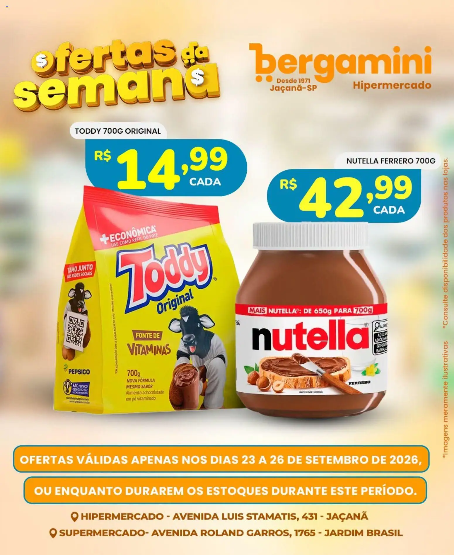 Supermercado Bergamini Folheto - válido de 23/09/2026 | Página: 12 | Produtos: Pó, Achocolatado, Nutella, Açúcar