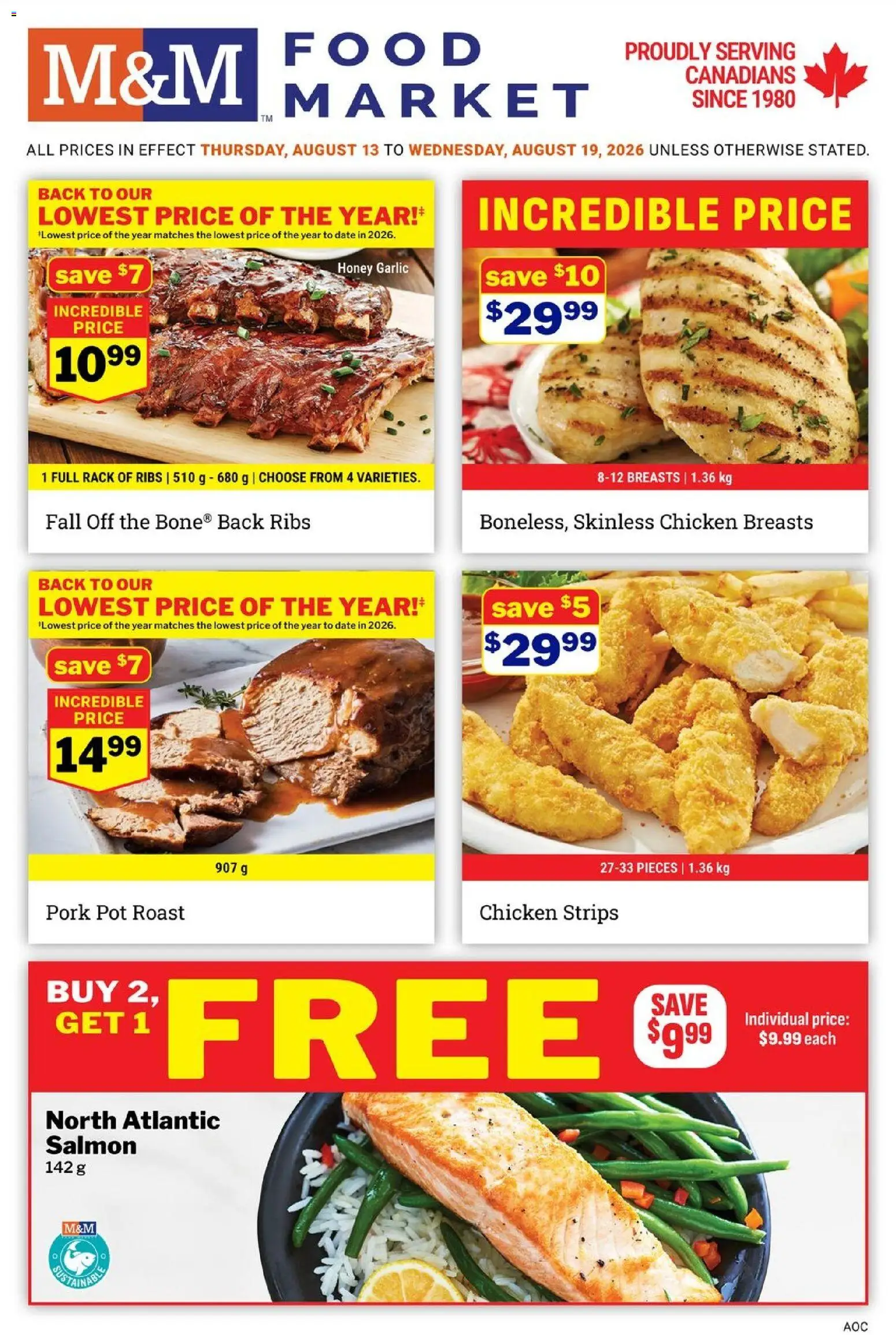 M&M Food Market flyer valid from Aug 13, 2026 | Page: 1 | Products: Salmon, Strips, Honey, Chicken strips