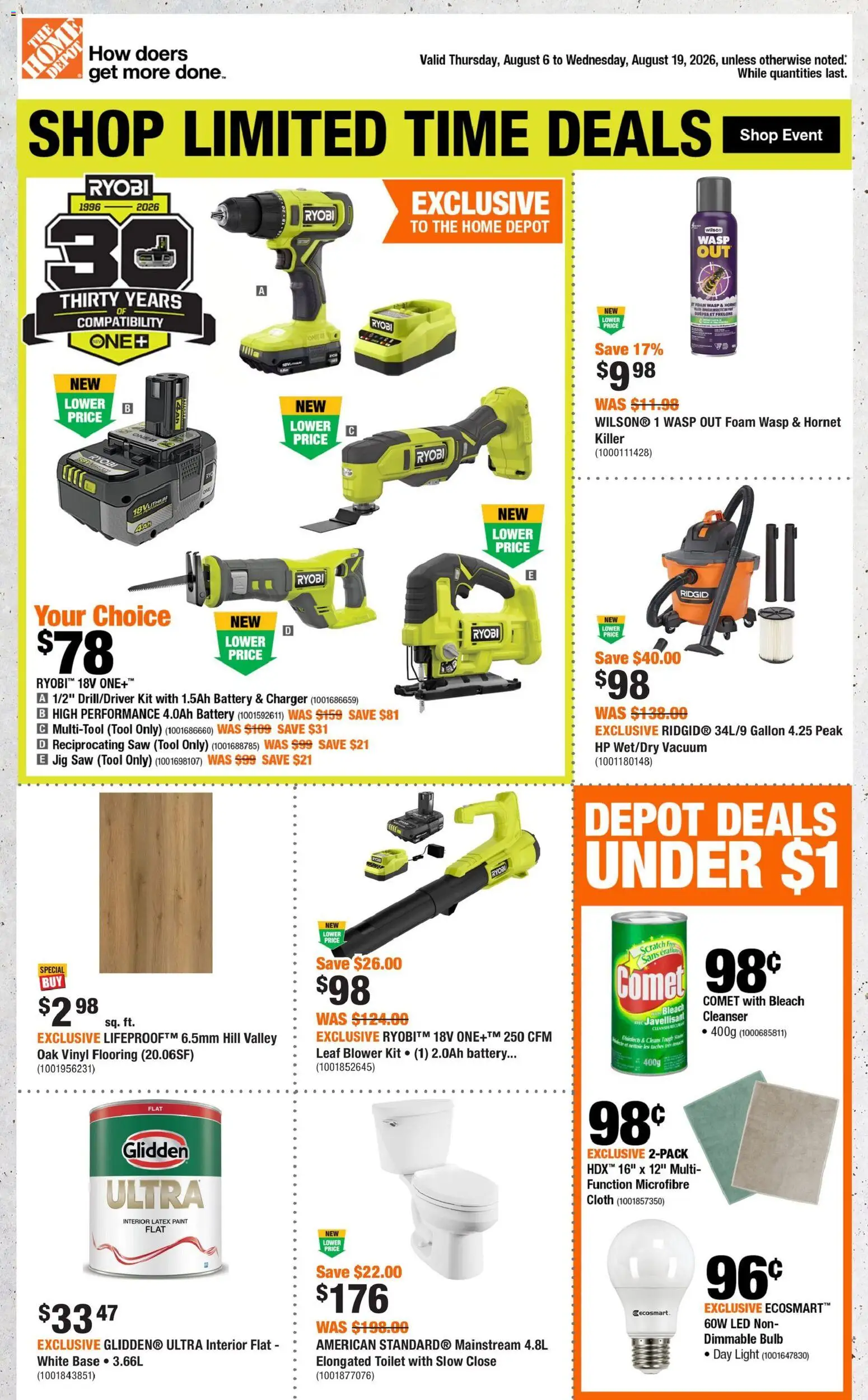Home Depot flyer valid from Aug 6, 2026 | Page: 1 | Products: Battery