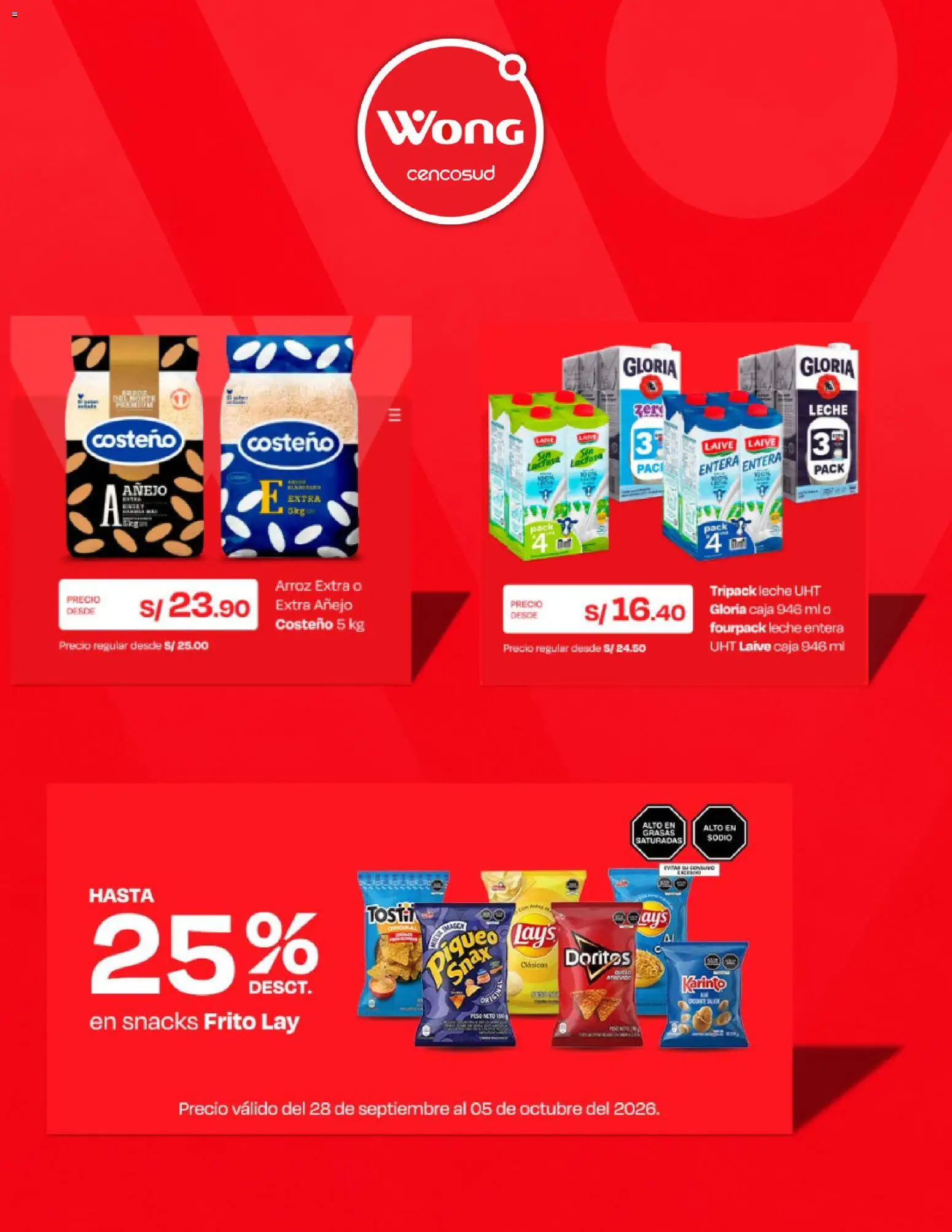 Catálogo Wong válido desde 28/09/2026 | Página: 3 | Productos: Caja, Leche, Arroz, Leche entera