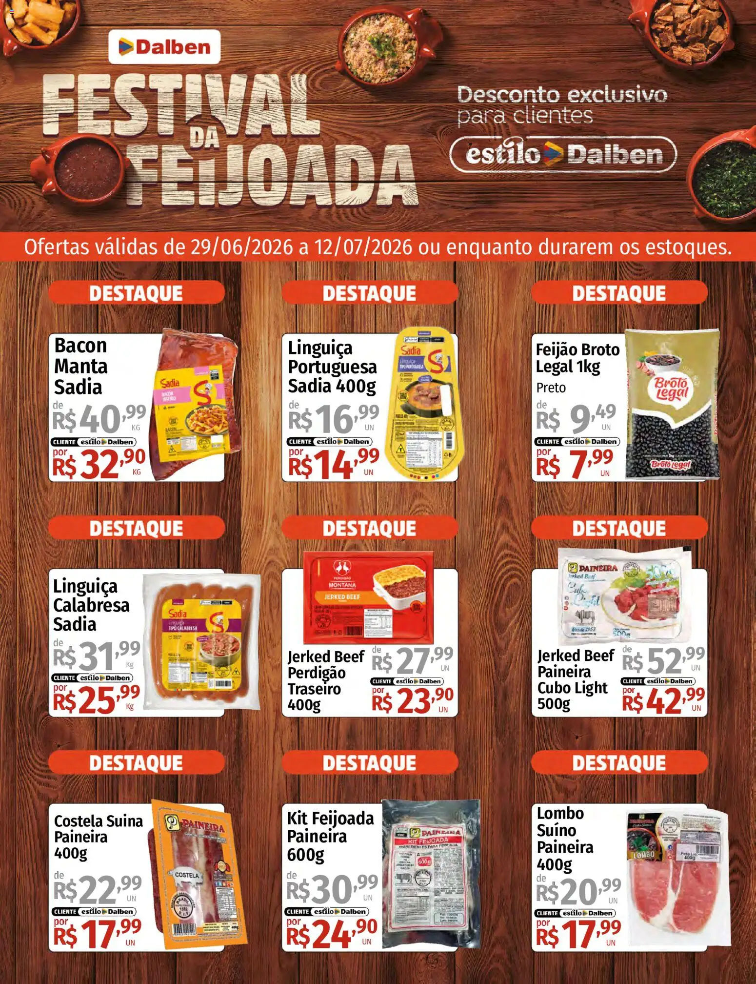 Supermercado Dalben Folheto - válido de 29/06/2026 | Página: 1 | Produtos: Feijão, Linguiça, Lombo