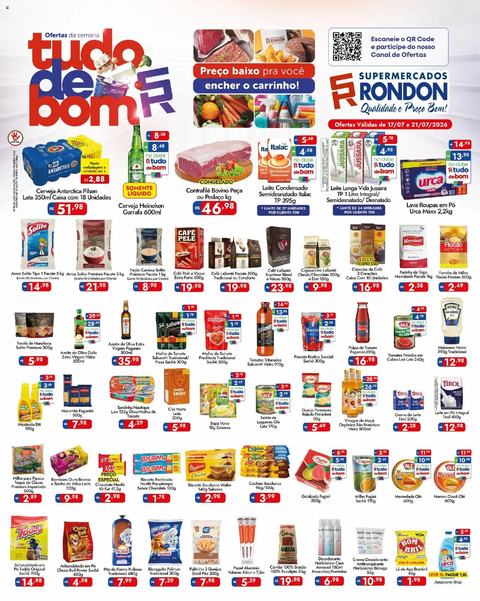 Supermercados Rondon Folheto - válido de 17/07/2026 | Página: 1 | Produtos: Vinagre, Leite, Pizza, Kit Kat