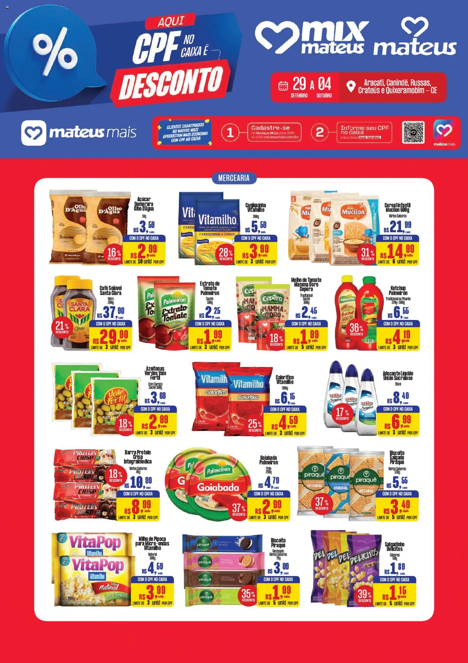 Mateus Folheto - válido de 29/09/2026 | Página: 1 | Produtos: Molho de tomate, Açúcar, Mucilon, Café solúvel