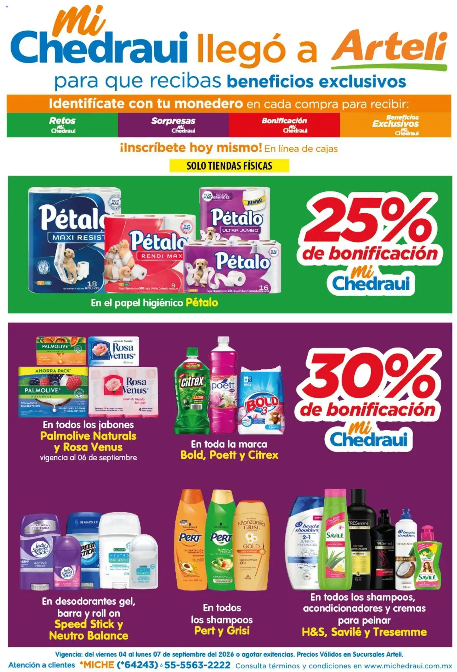 Nuevas ofertas de Arteli válidas en toda la República Mexicana desde el 04/09/2026. ¡Encuentra las mejores ofertas en Arteli folleto Mi Chedraui bonificación! | Página: 1 | Productos: Monedero, Papel higiénico, Barra, Té