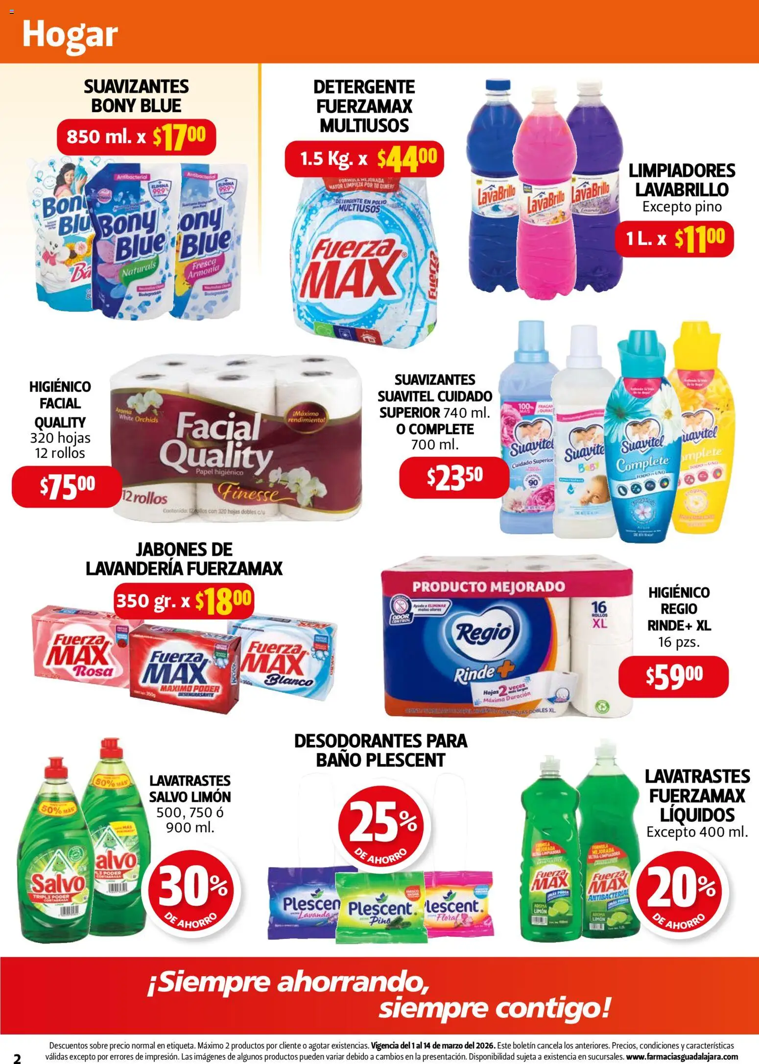 Nuevas ofertas de Farmacia Guadalajara válidas en toda la República Mexicana desde el 01/03/2026. ¡Encuentra las mejores ofertas en Farmacia Guadalajara catálogo! | Página: 2 | Productos: Detergente, Limón, Papel higiénico, Polvo