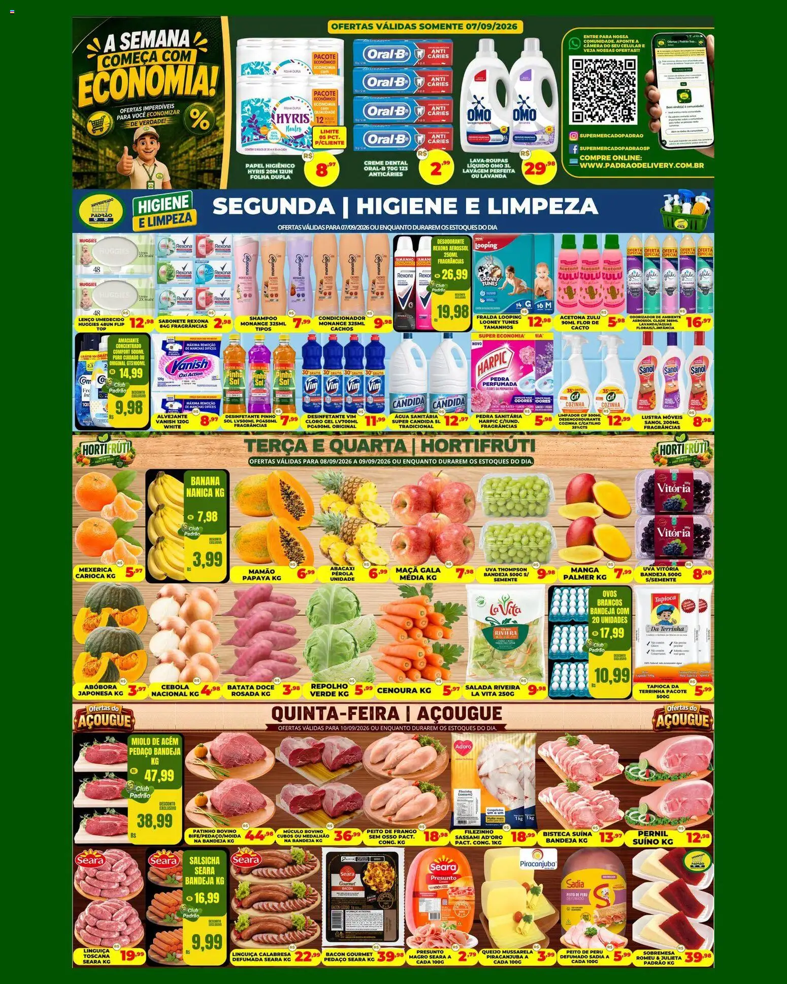 Supermercado Padrão Folheto - válido de 07/09/2026 | Página: 1 | Produtos: Uva, Abacaxi, Água, Peito de frango