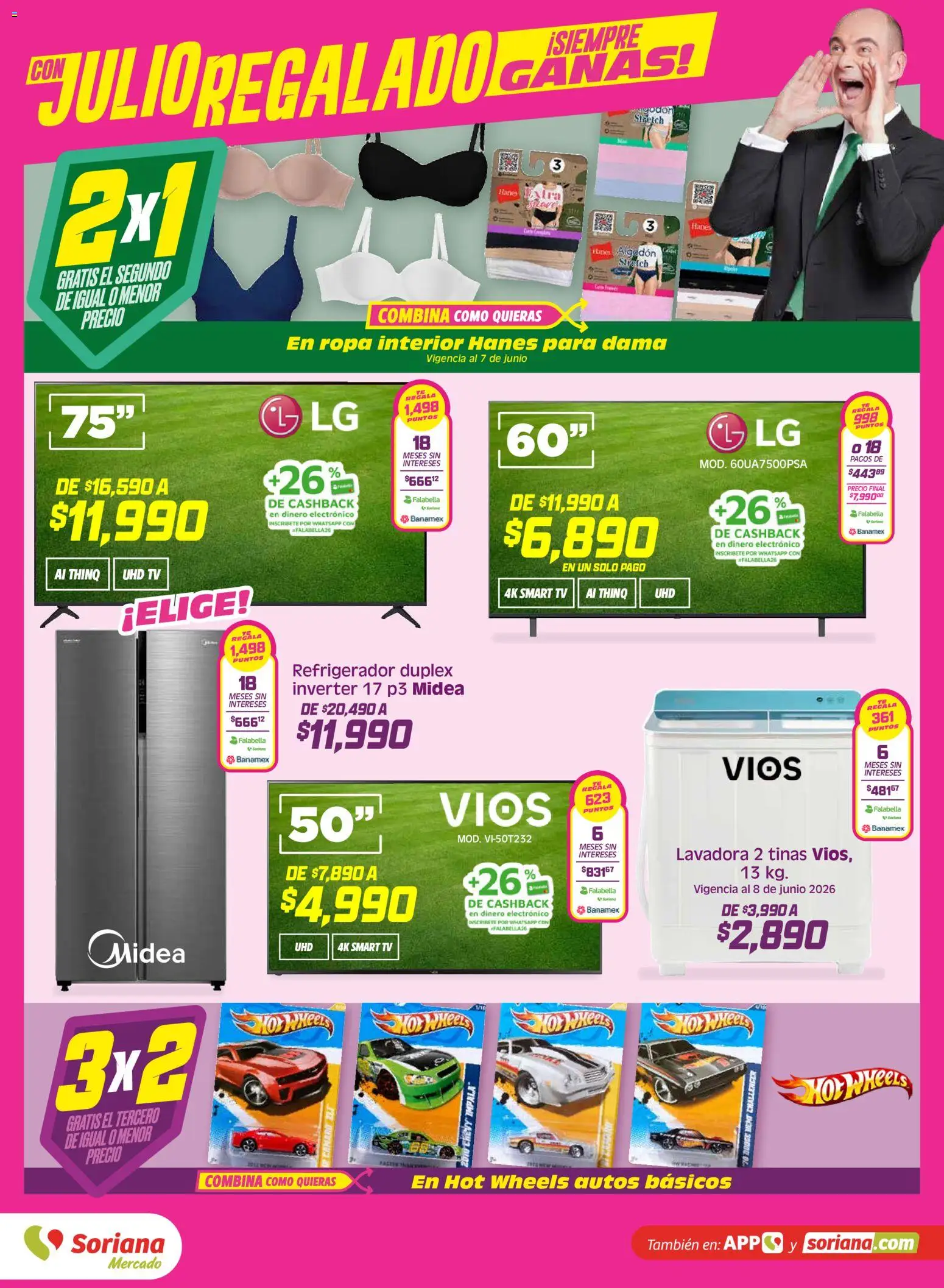 Nuevas ofertas de Soriana válidas en toda la República Mexicana desde el 05.06.2026. ¡Encuentra las mejores ofertas en Soriana Julio Regalado Mercado Nacional! | Página: 11 | Productos: Refrigerador, Lavadora, Algodón, Ropa