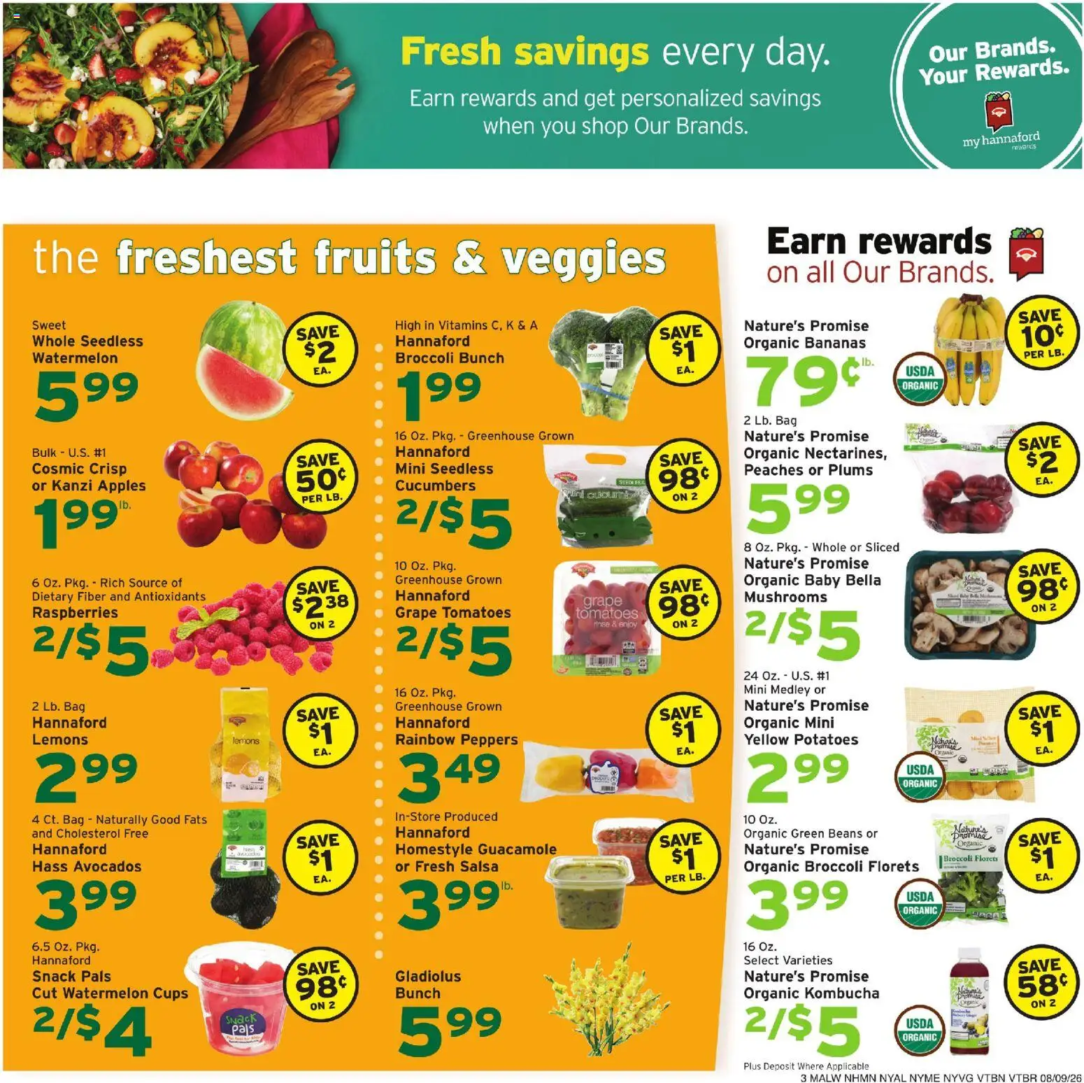 Hannaford Weekly Flyer - valid from 08/09/2026 | Page: 5 | Products: Guacamole, Apples, Potatoes, Bag