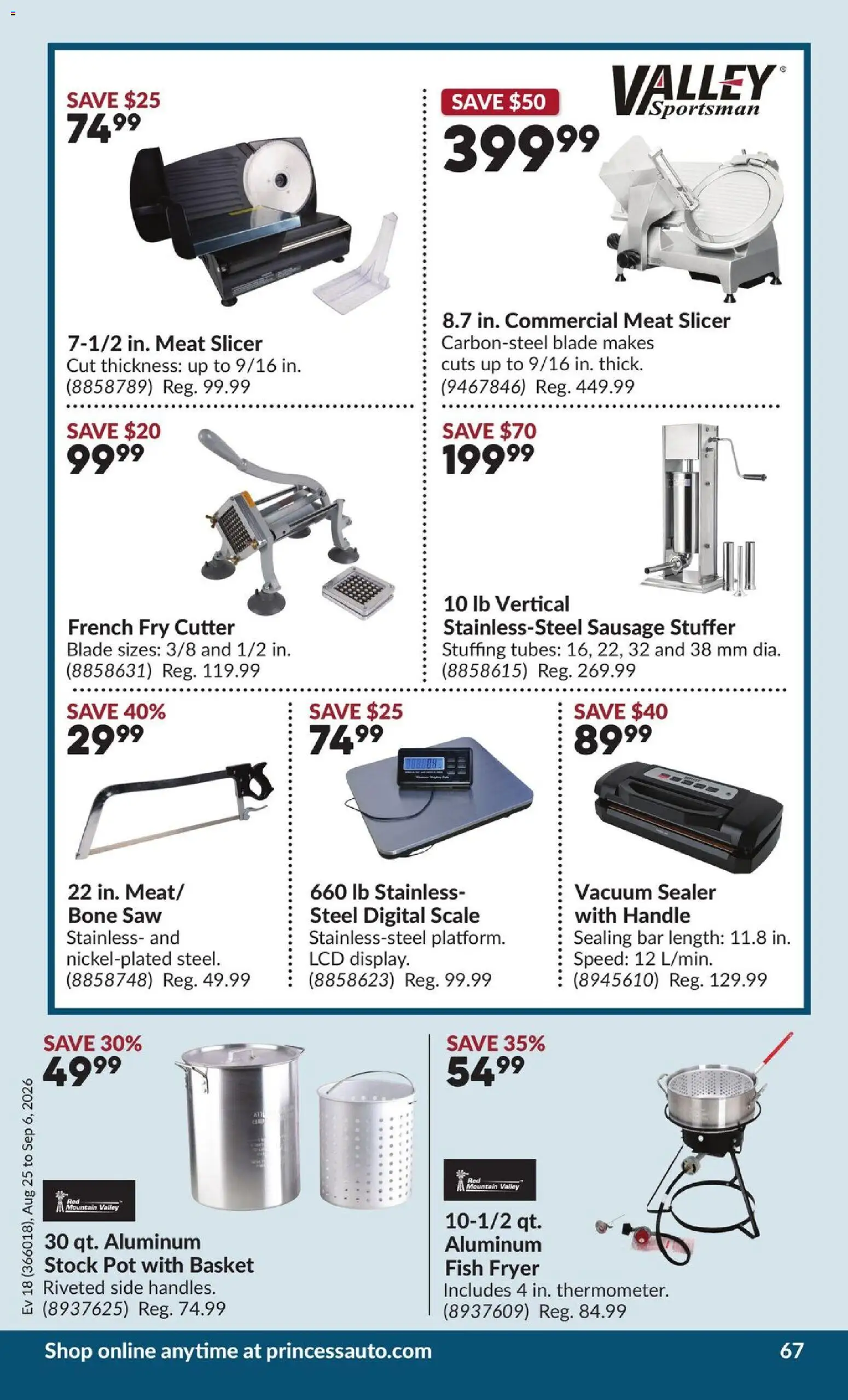 Princess Auto flyer valid from Aug 25, 2026 | Page: 68 | Products: Cutter, Slicer, Vacuum sealer, Basket