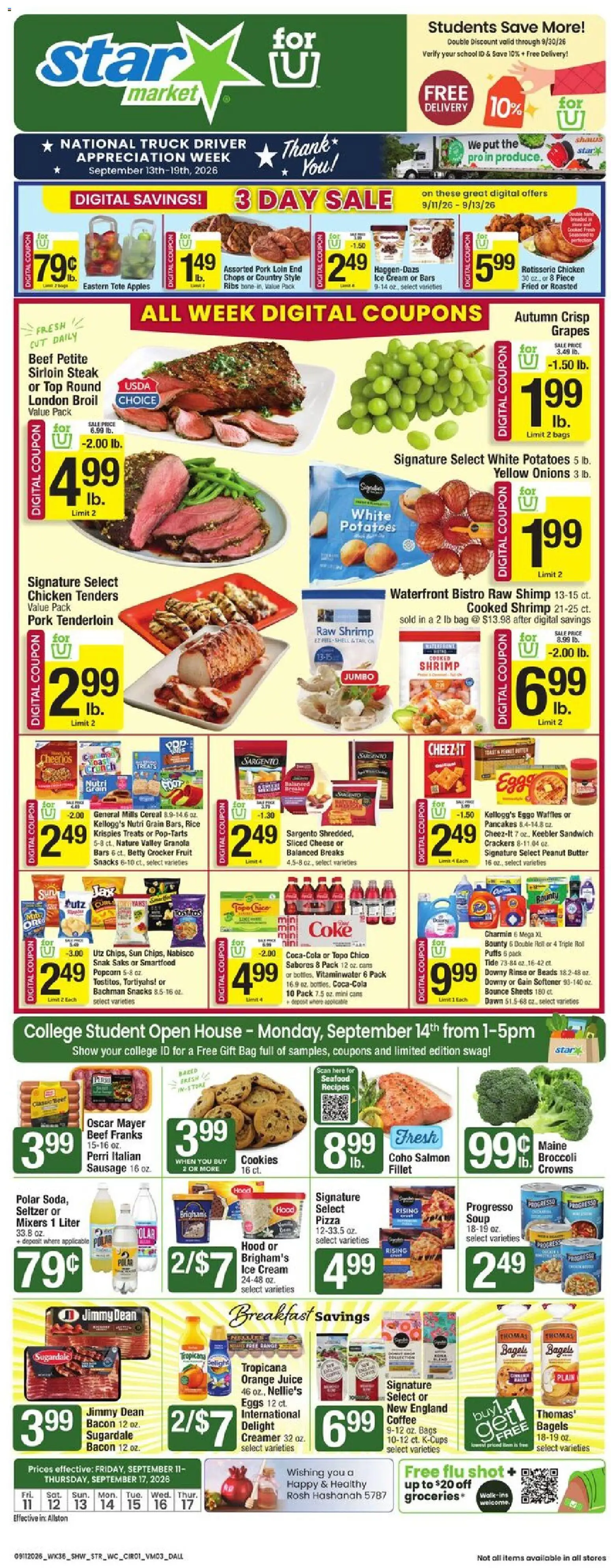 Star Market Weekly Ad - valid from 09/11/2026 | Page: 1 | Products: Cheese, Bacon, Sausage, Peanut butter