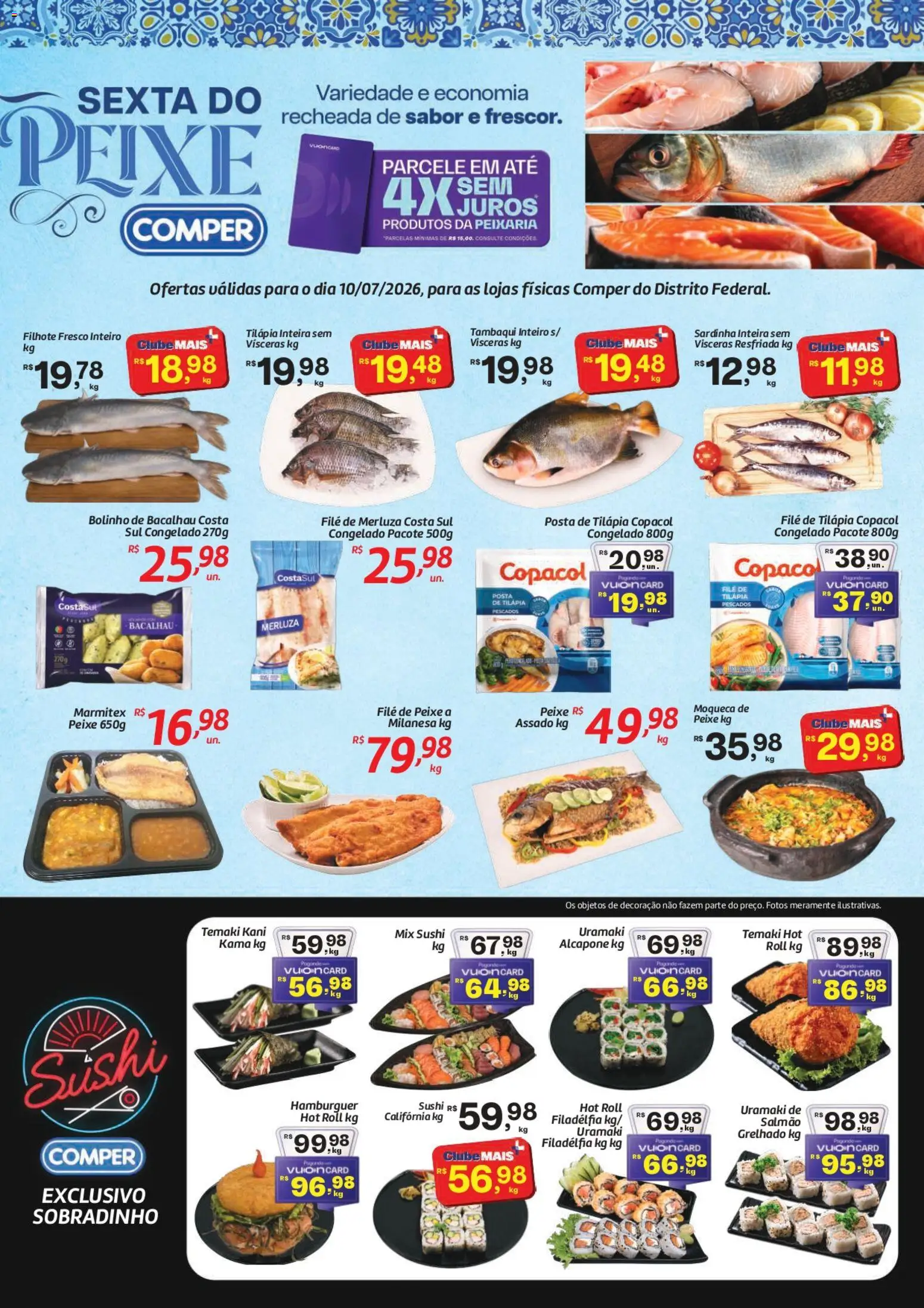 Comper Folheto - válido de 10/07/2026 | Página: 1 | Produtos: Salmão, Peixe, Hambúrguer, Filé de tilápia