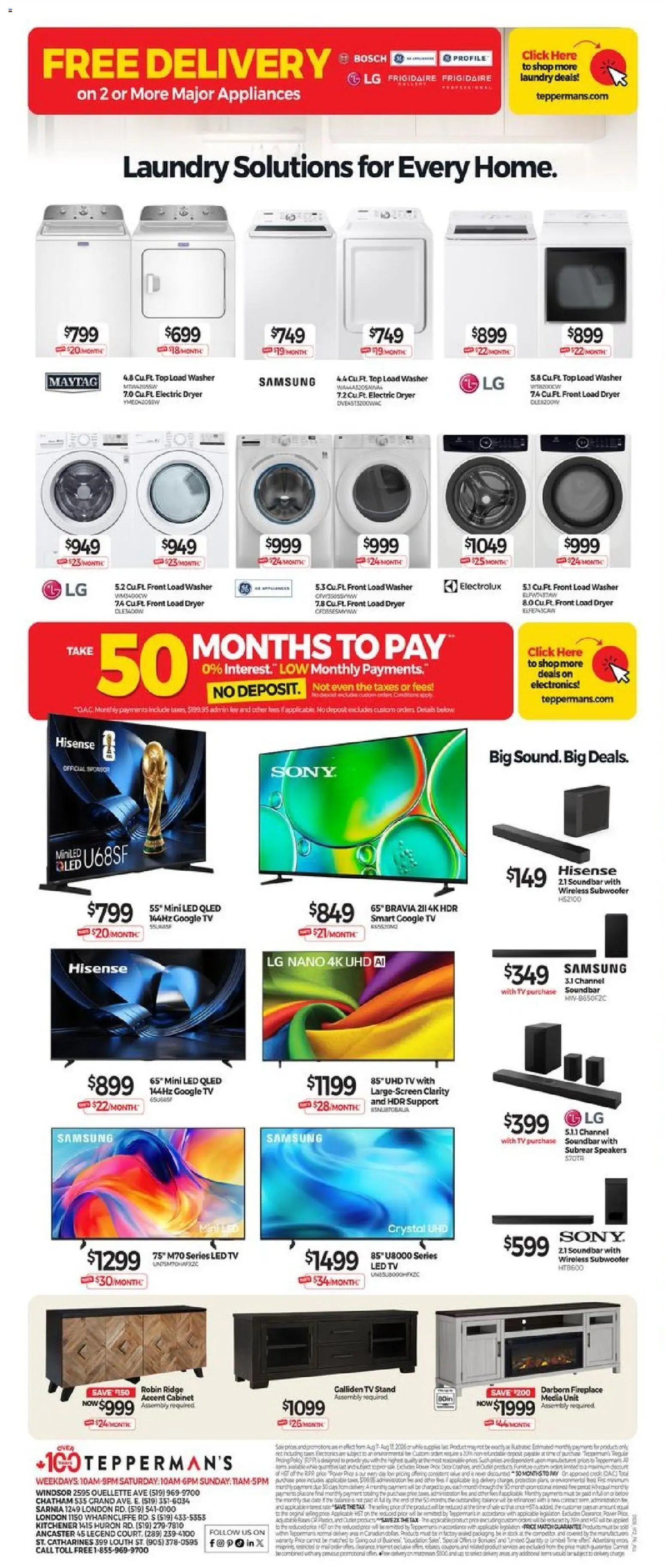 Tepperman's flyer valid from Aug 7, 2026 | Page: 8 | Products: Dryer, Soundbar, Ridge, Cabinet