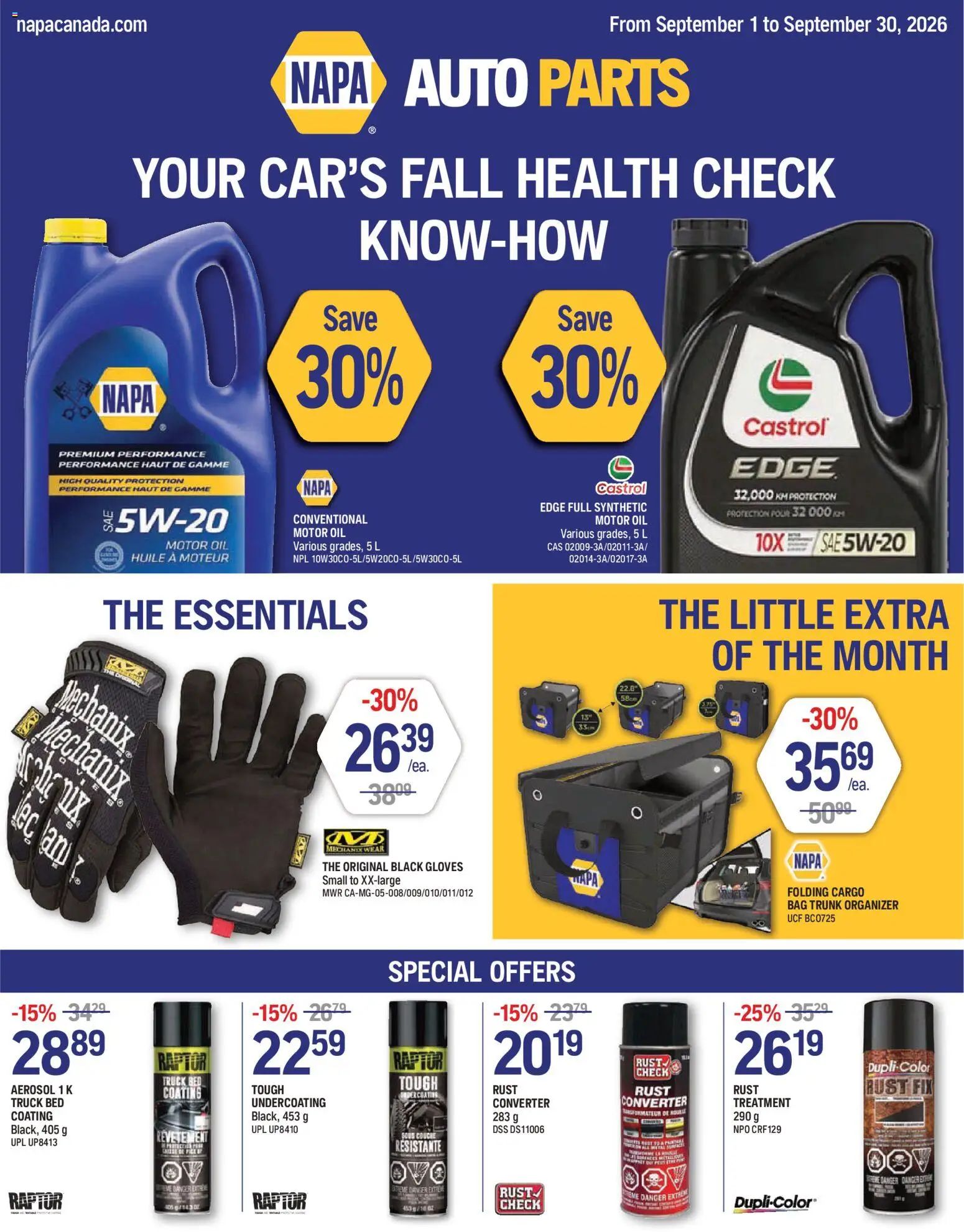 NAPA Auto Parts flyer valid from Sep 1, 2026 | Page: 1 | Products: Gloves, Bag, Bed, Oil