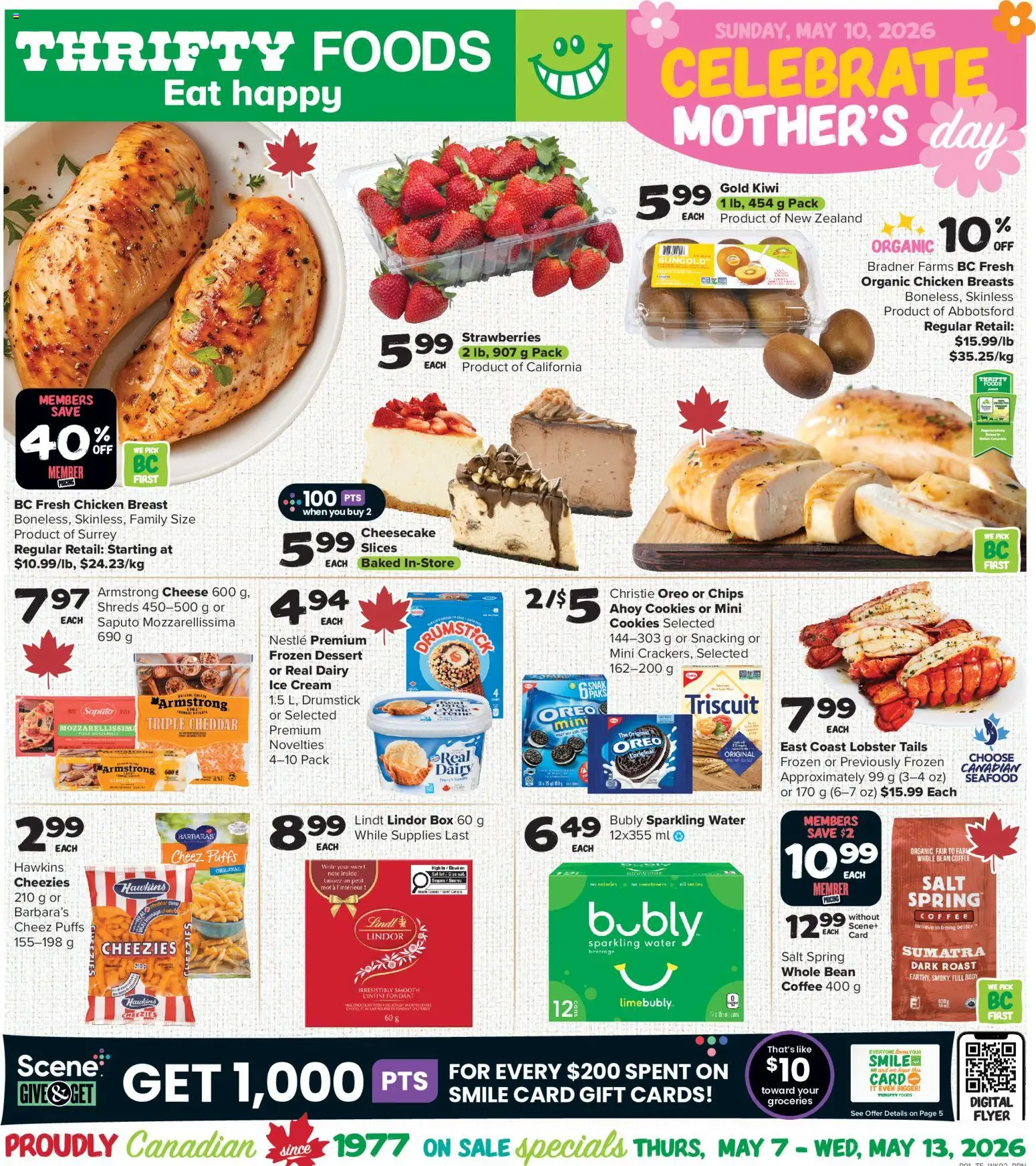 Thrifty Foods flyer valid from 07.05.2026 | Page: 1 | Products: Chips, Kiwi, Cookies, Ice cream