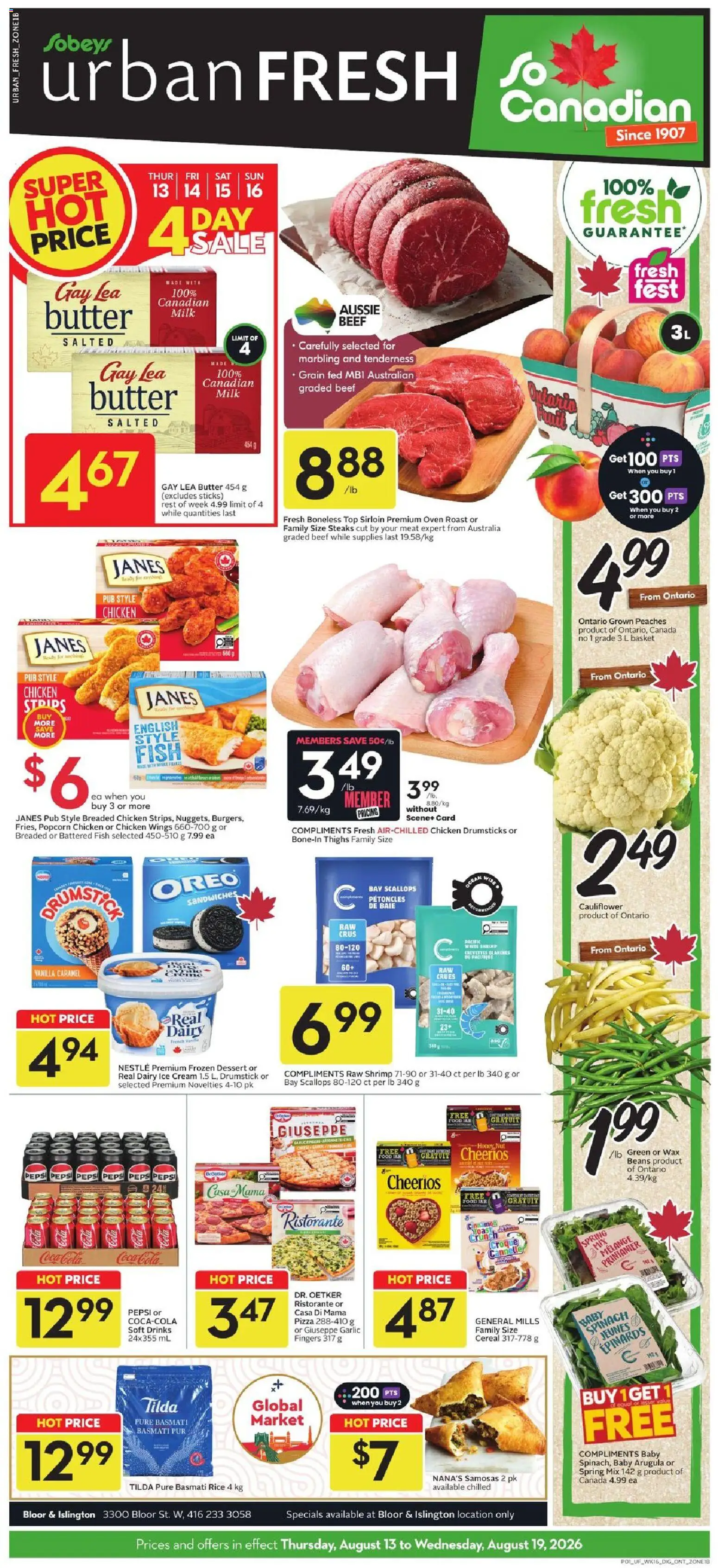 Sobeys flyer valid from Aug 13, 2026 | Page: 1 | Products: Roast, Chicken strips, Basket, Cauliflower