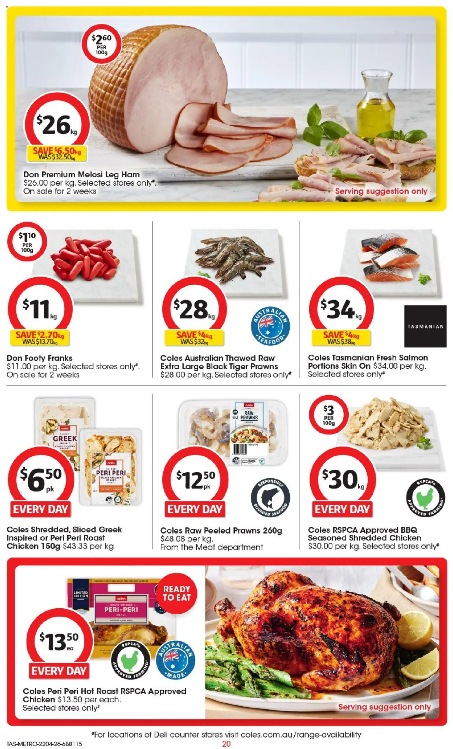 Coles catalogue - valid from 22.04.2026 | Page: 20 | Products: Ham, Chicken, Prawns, Salmon