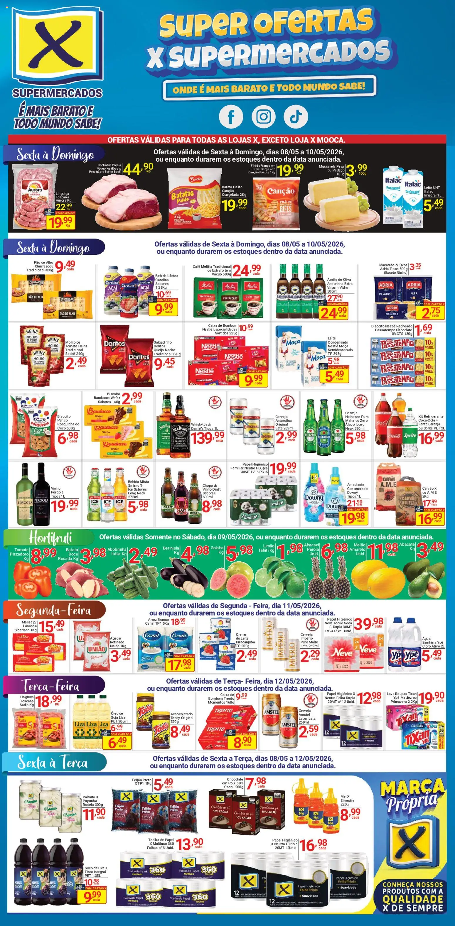 X Supermercados Folheto - válido de 08.05.2026 | Página: 1 | Produtos: Biscoito, Linguiça, Óleo, Amaciante