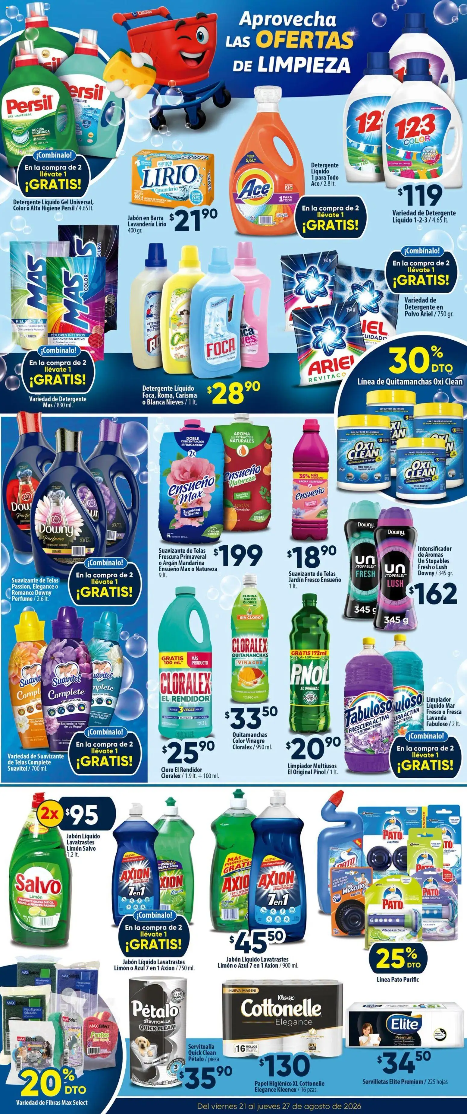 Nuevas ofertas de Calimax válidas en toda la República Mexicana desde el 21/08/2026. ¡Encuentra las mejores ofertas en Calimax folleto Mexicali y SLRC! | Página: 5 | Productos: Esponja, Suavizante de telas, Cloro, Servilletas