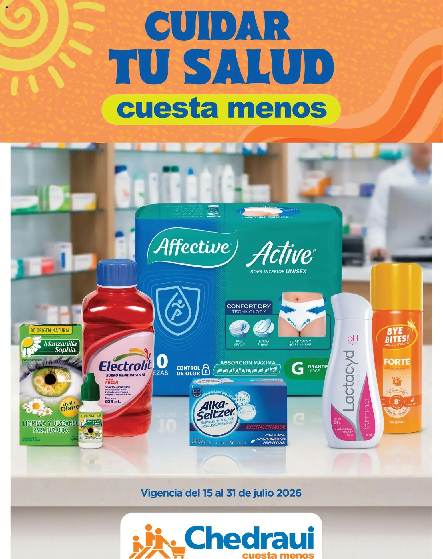 Nuevas ofertas de Chedraui válidas en toda la República Mexicana desde el 15/07/2026. ¡Encuentra las mejores ofertas en Chedraui folleto Cuidar tu salud! | Página: 1 | Productos: Fresa, Frasco, Ropa, Ropa interior