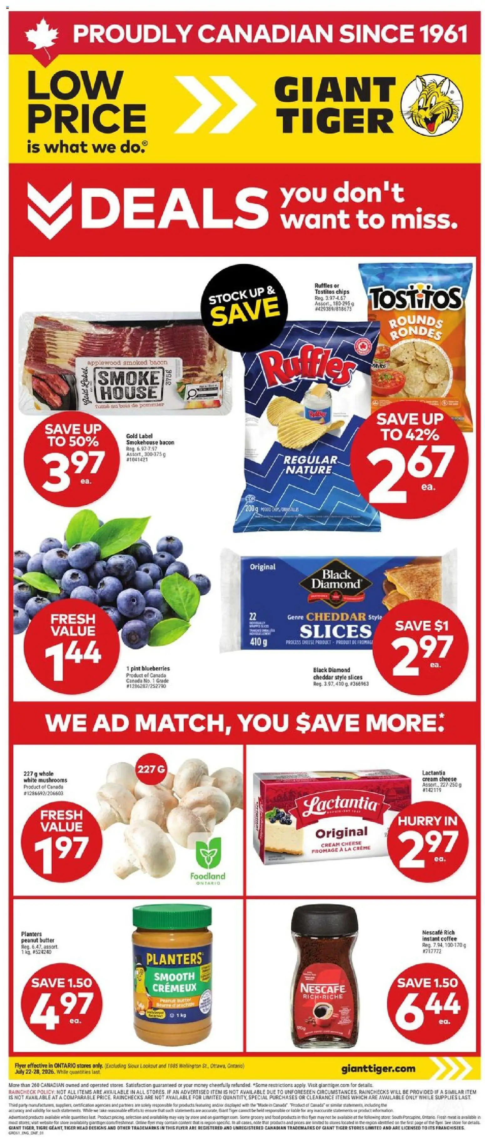 Giant Tiger flyer valid from Jul 22, 2026 | Page: 1 | Products: Chips, Cream, Cheese, Coffee