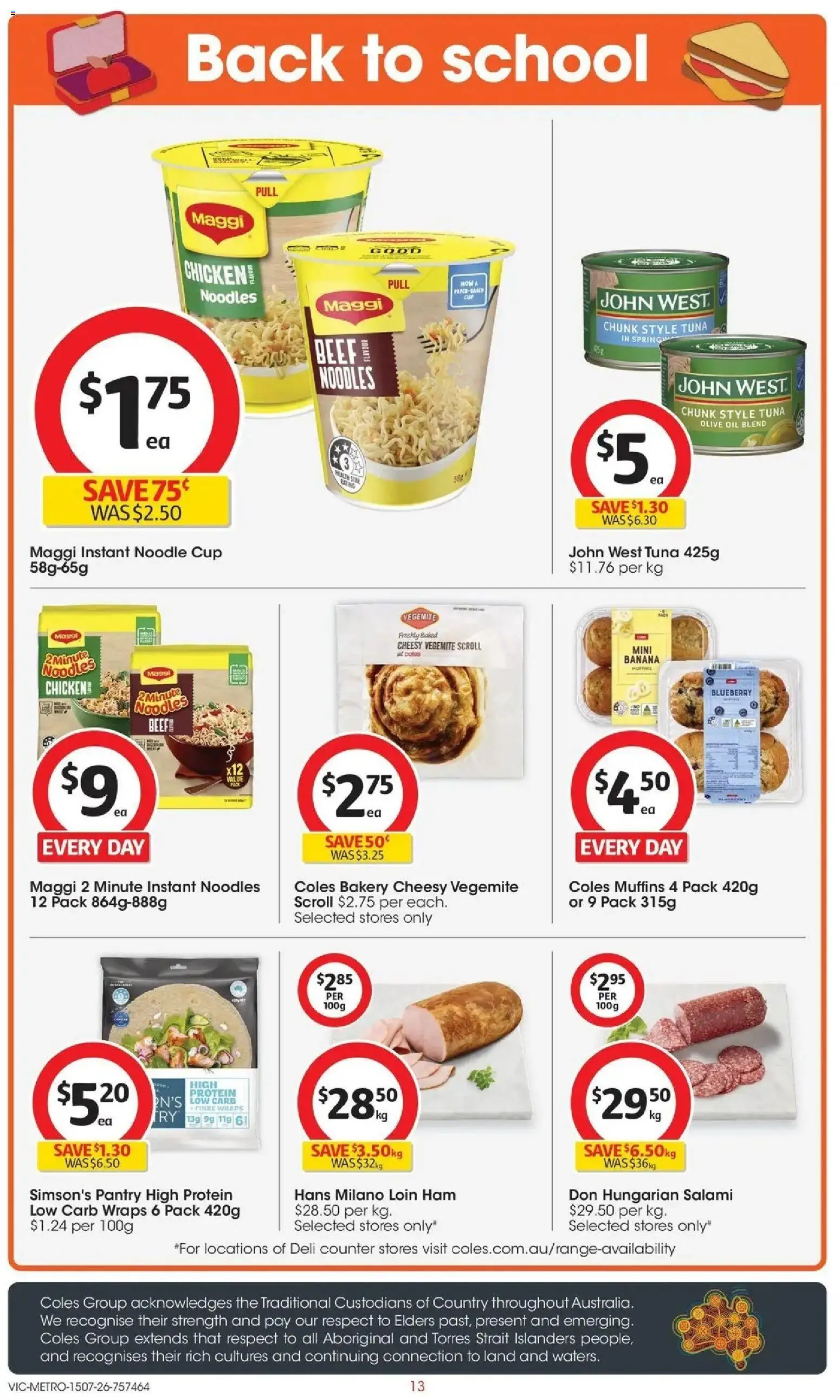 Coles catalogue - valid from 15/07/2026 | Page: 13 | Products: Ham, Muffins, Tuna, Bakery
