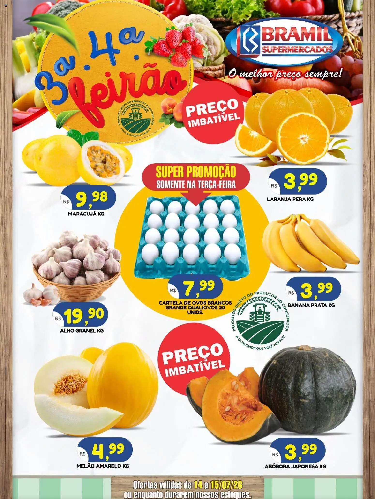 Bramil Supermercados Folheto - válido de 14/07/2026 | Página: 1 | Produtos: Maracujá, Pera, Abóbora, Alho