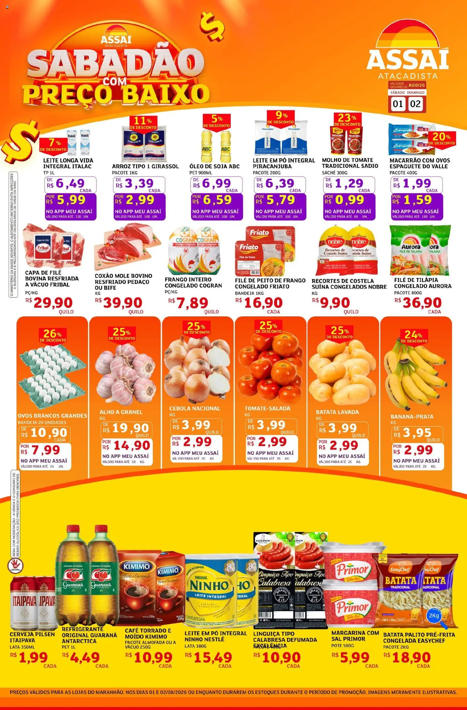 Assaí Atacadista Folheto - válido de 01/08/2026 | Página: 1 | Produtos: Leite integral, Macarrão, Bebida, Filé de tilápia
