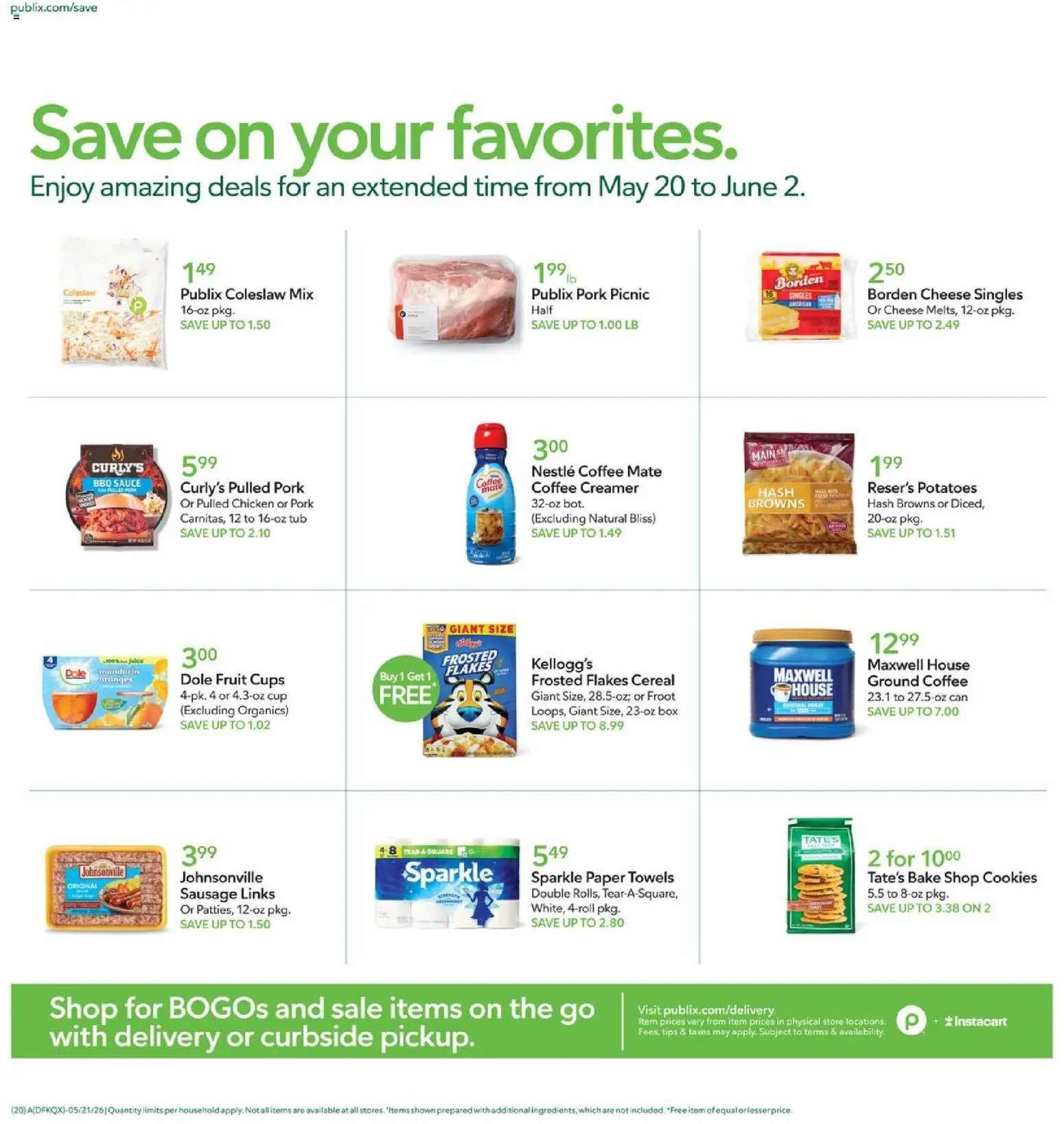 Publix Weekly Ad - valid from 20.05.2026 | Page: 20 | Products: Pork, Flakes, Potatoes, Sausage