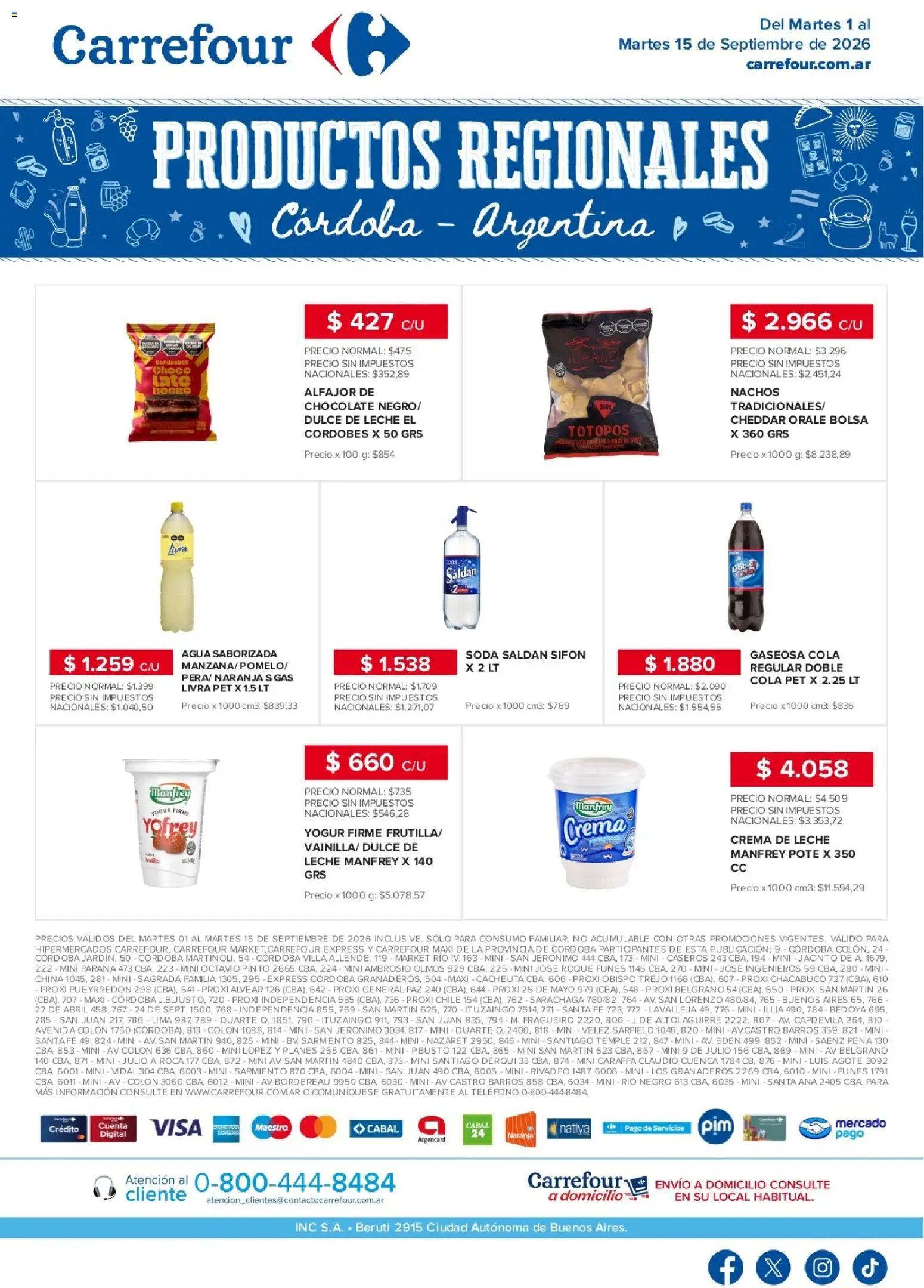 Carrefour - Regionales | Córdoba │ válido desde el 01/09/2026 | Página: 1 | Productos: Teléfono, Crema de leche, Dulce, Agua