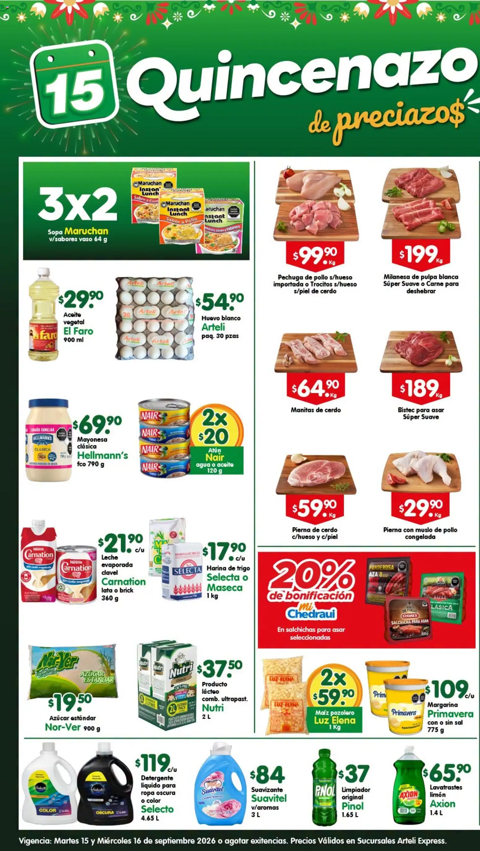 Nuevas ofertas de Arteli válidas en toda la República Mexicana desde el 15/09/2026. ¡Encuentra las mejores ofertas en Arteli folleto Express! | Página: 1 | Productos: Pollo, Limón, Limpiador, Ropa