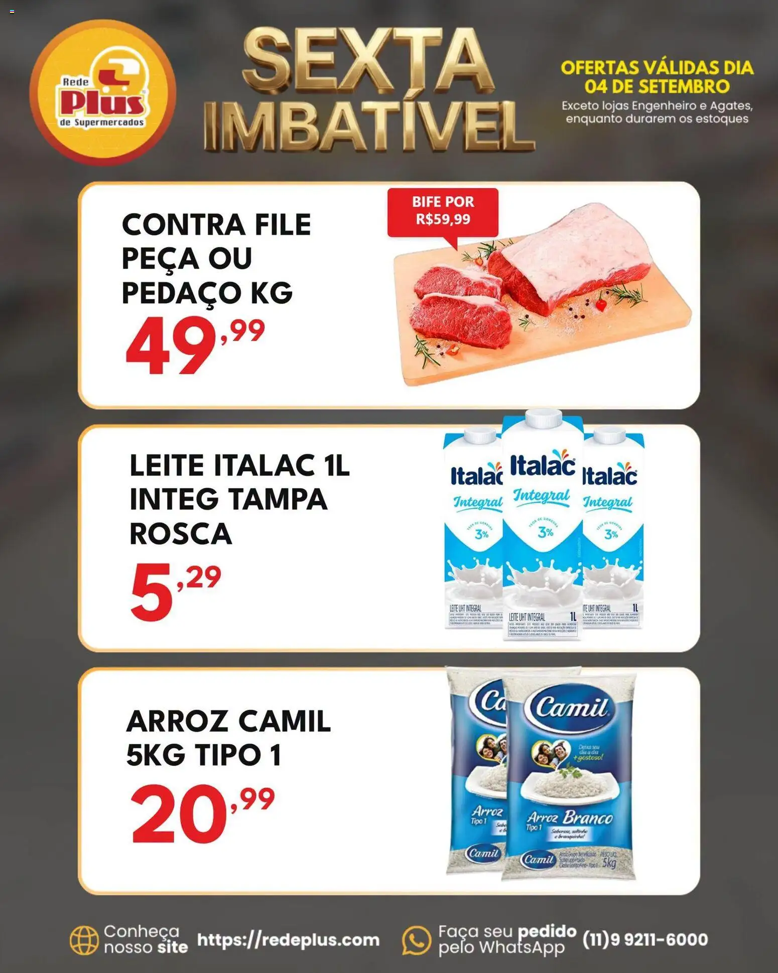 Rede Plus Supermercados Folheto - válido de 04/09/2026 | Página: 2 | Produtos: Contra filé, Leite, Faca, Arroz