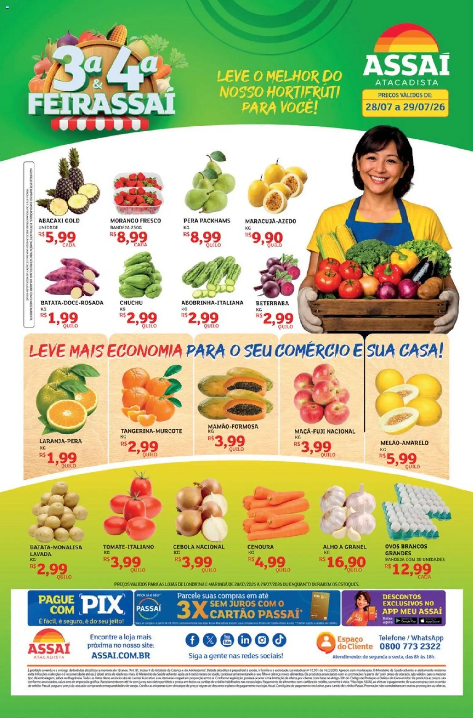 Assaí Atacadista Folheto - válido de 28/07/2026 | Página: 1 | Produtos: Chuchu, Alho, Cenoura, Telefone