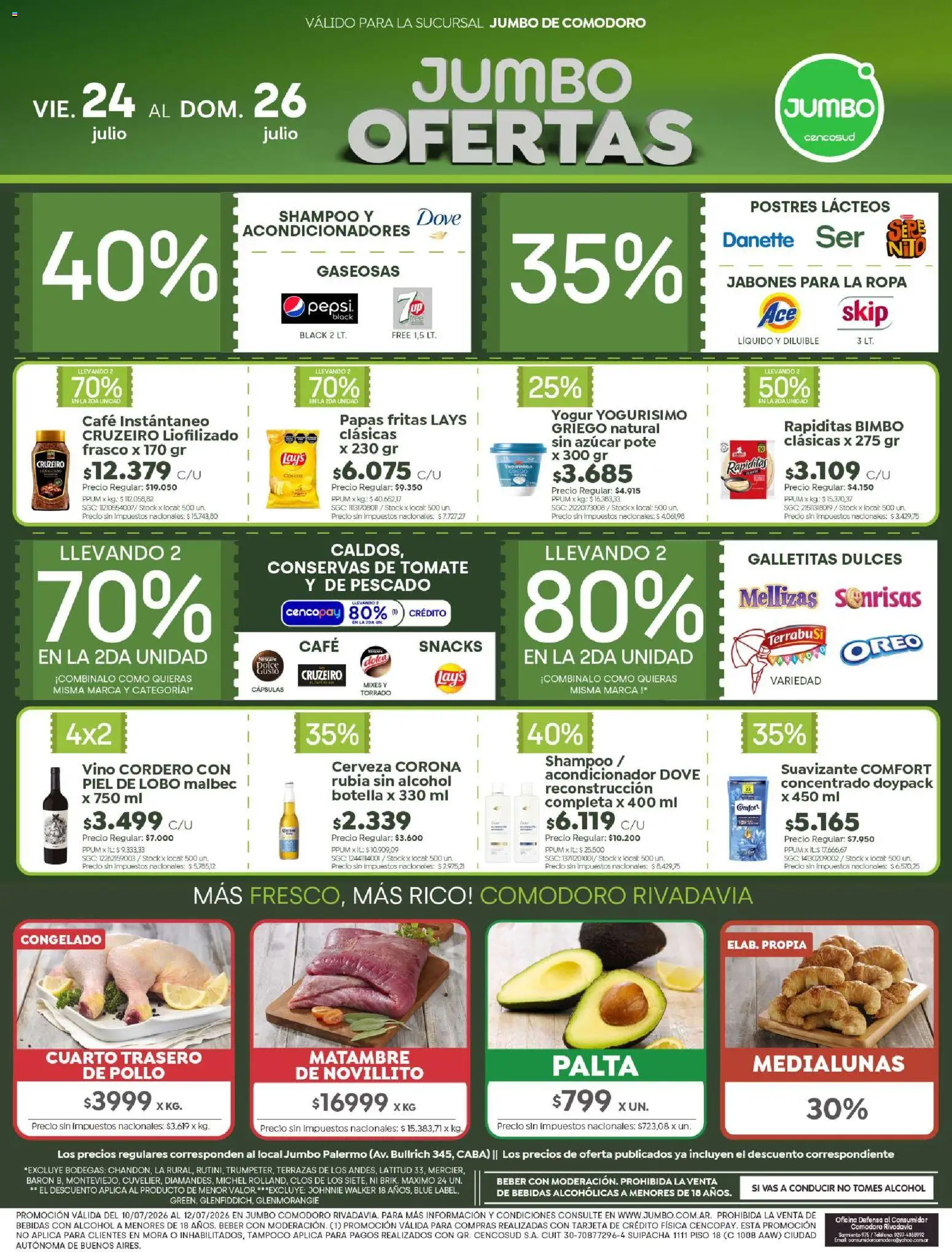 Jumbo - Ofertas | Comodoro │ válido desde el 24/07/2026 | Página: 1 | Productos: Pescado, Yogur, Cerveza, Papas fritas